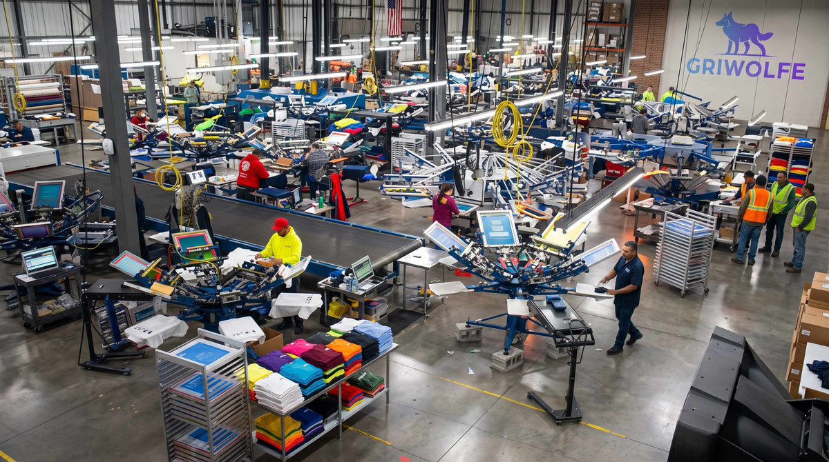 Busy apparel production floor with crews at print stations and stacks of colored t-shirts for a bulk order