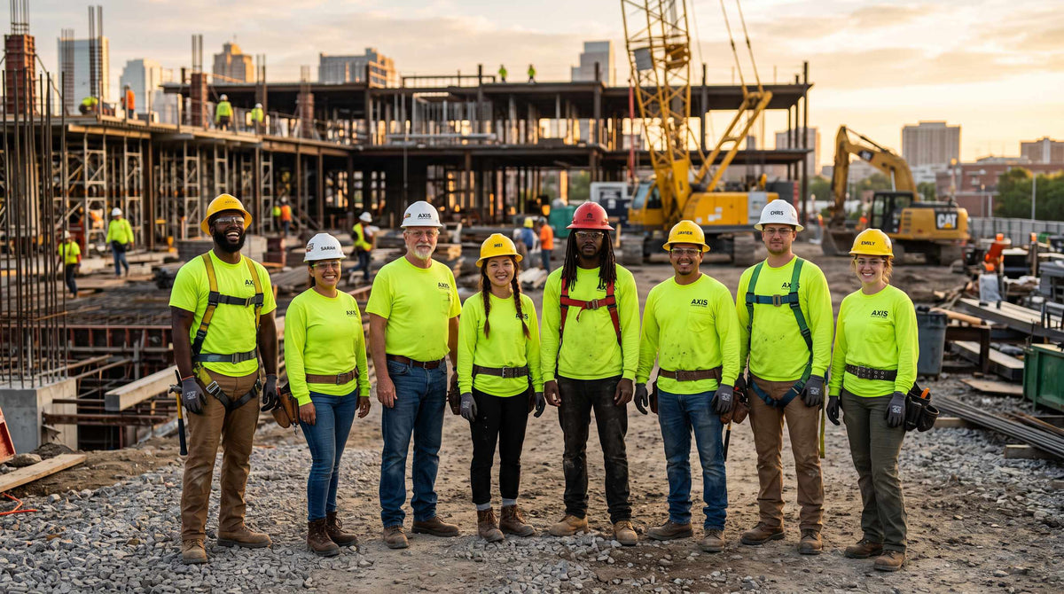 Construction crew in matching safety green shirts with a chest logo, hard hats and harnesses, on a job site at sunset