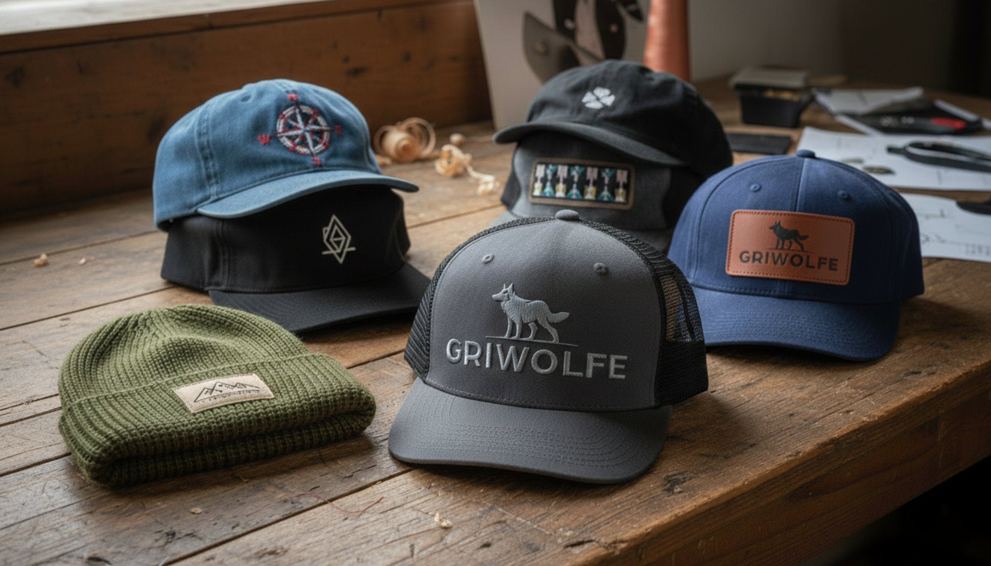Custom hats flat lay featuring trucker, dad hat, beanie, rope hat and bucket hat styles with embroidery and patch decoration