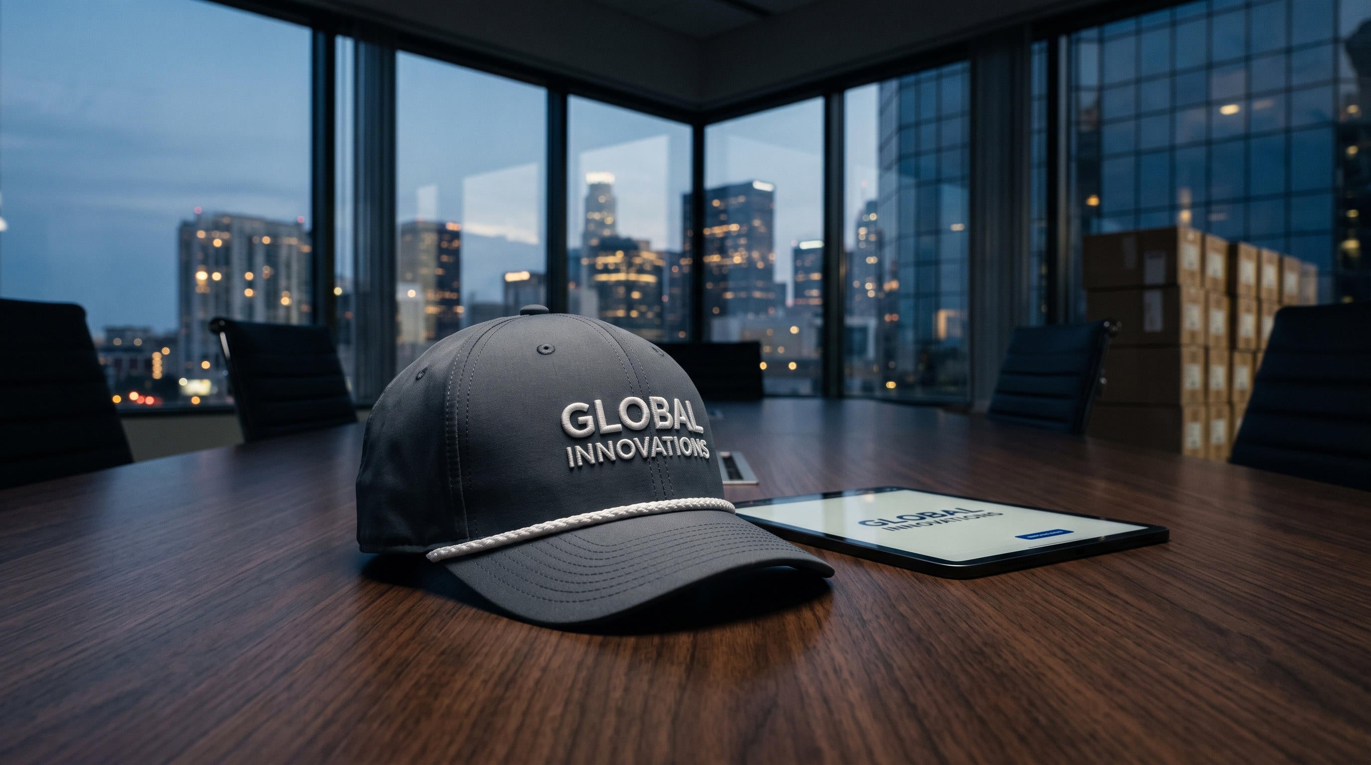 Custom rope cap with an embroidered company wordmark on a boardroom table, city skyline at dusk behind it