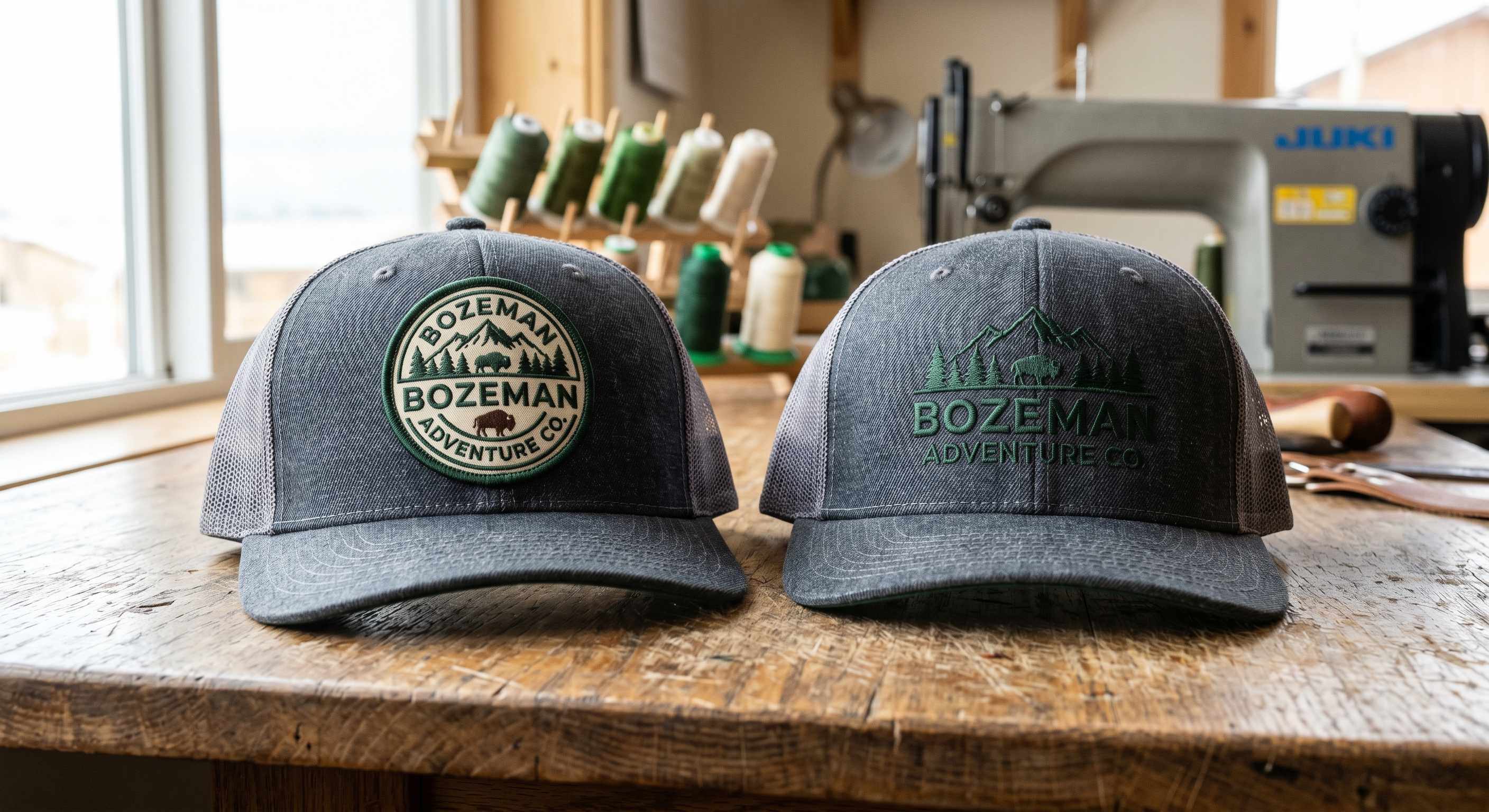 Close-up comparing a rustic embroidered patch hat with a direct-embroidered hat