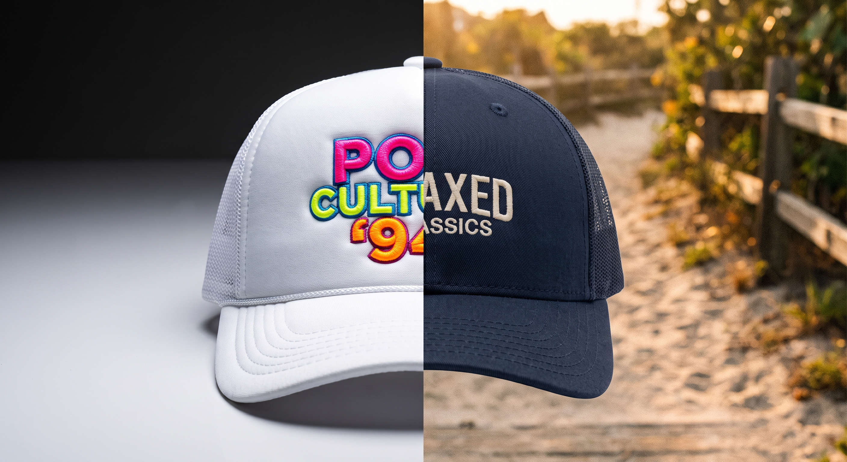 Split view of a white foam trucker hat with 3D puff embroidery and a navy fabric-front trucker with flat embroidery