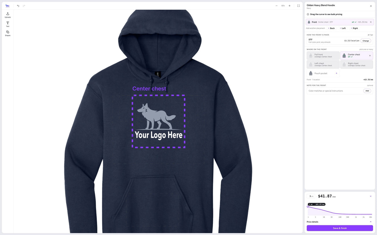 Designing your own hoodie in Griwolfe's Design Studio, with a sample wolf logo on the navy center chest