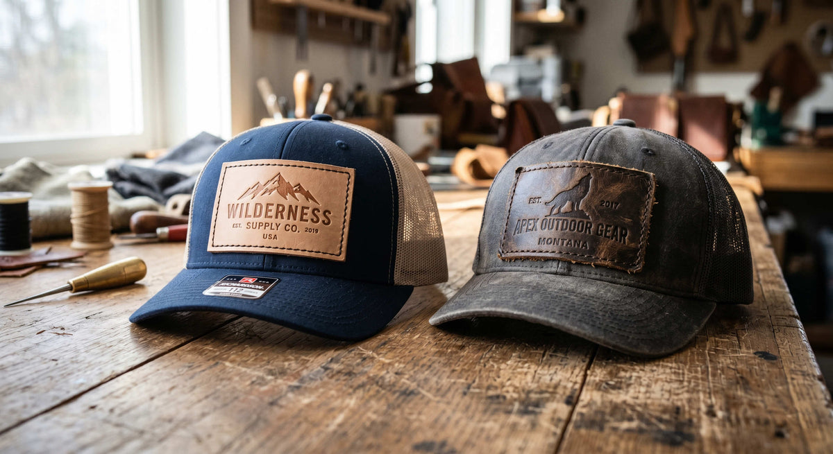 Comparison of a new and an aged full-grain leather patch on two custom trucker hats