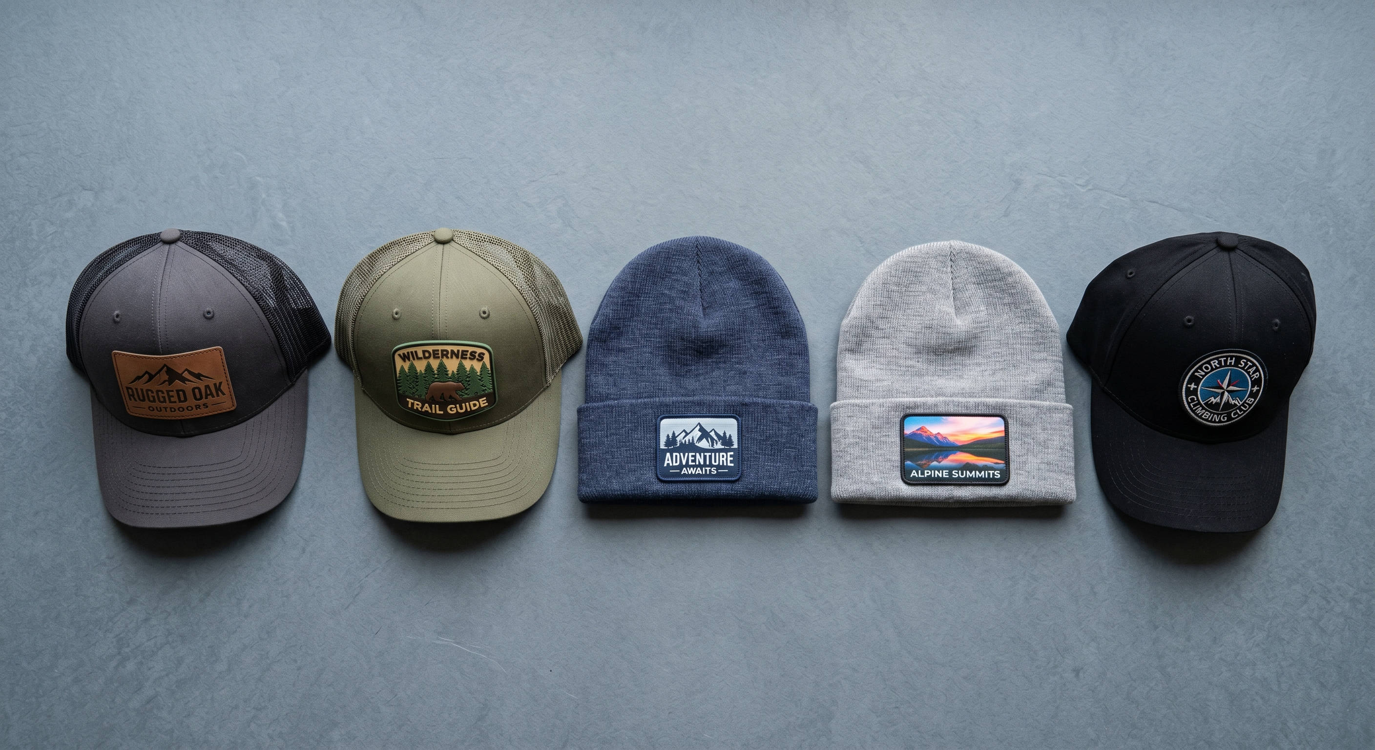 Custom patch hats in leather, PVC, woven, sublimated, and embroidered styles on wood.