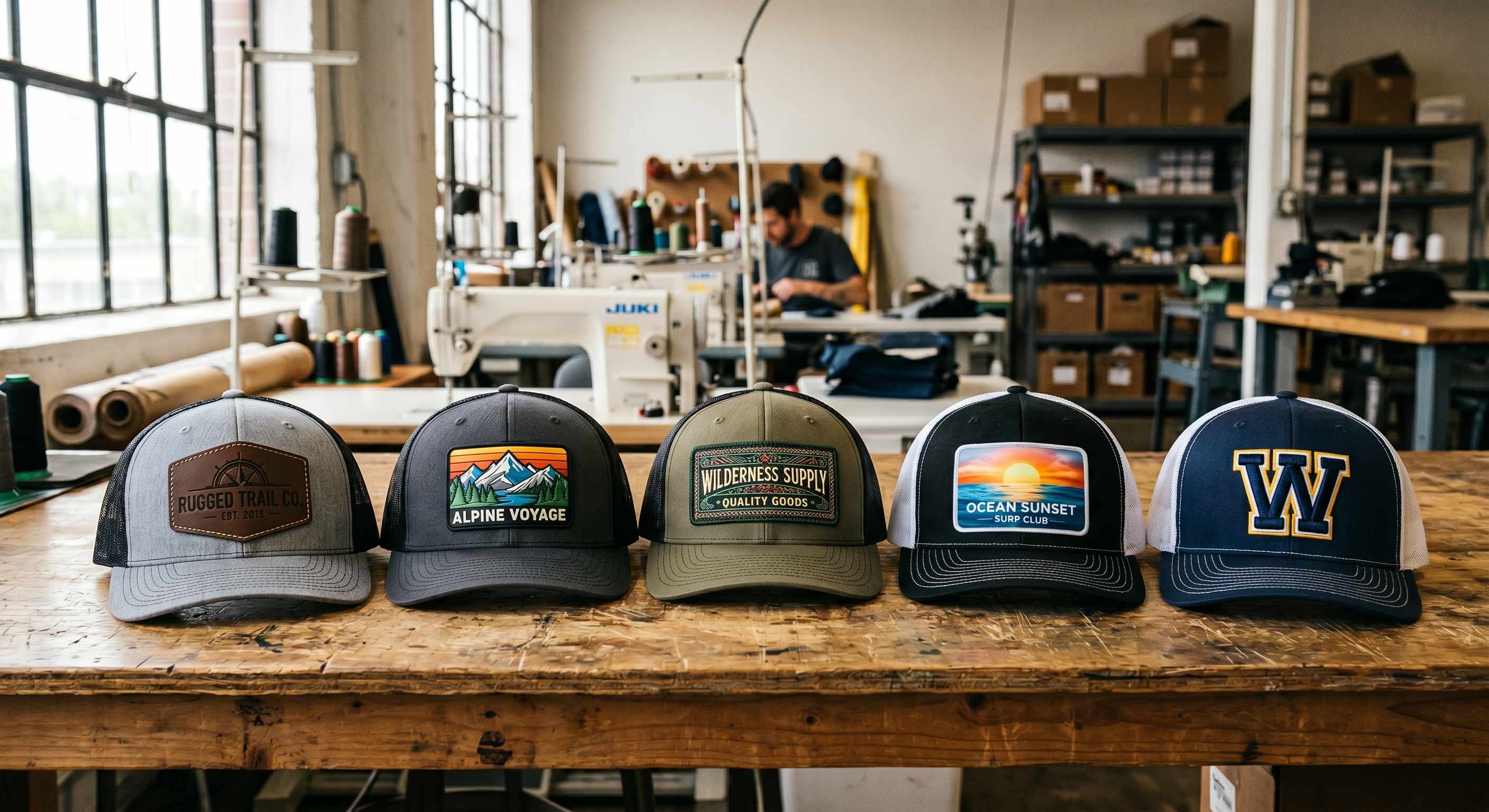 Five trucker hats showing leather, PVC, woven, sublimated, and embroidered patch types