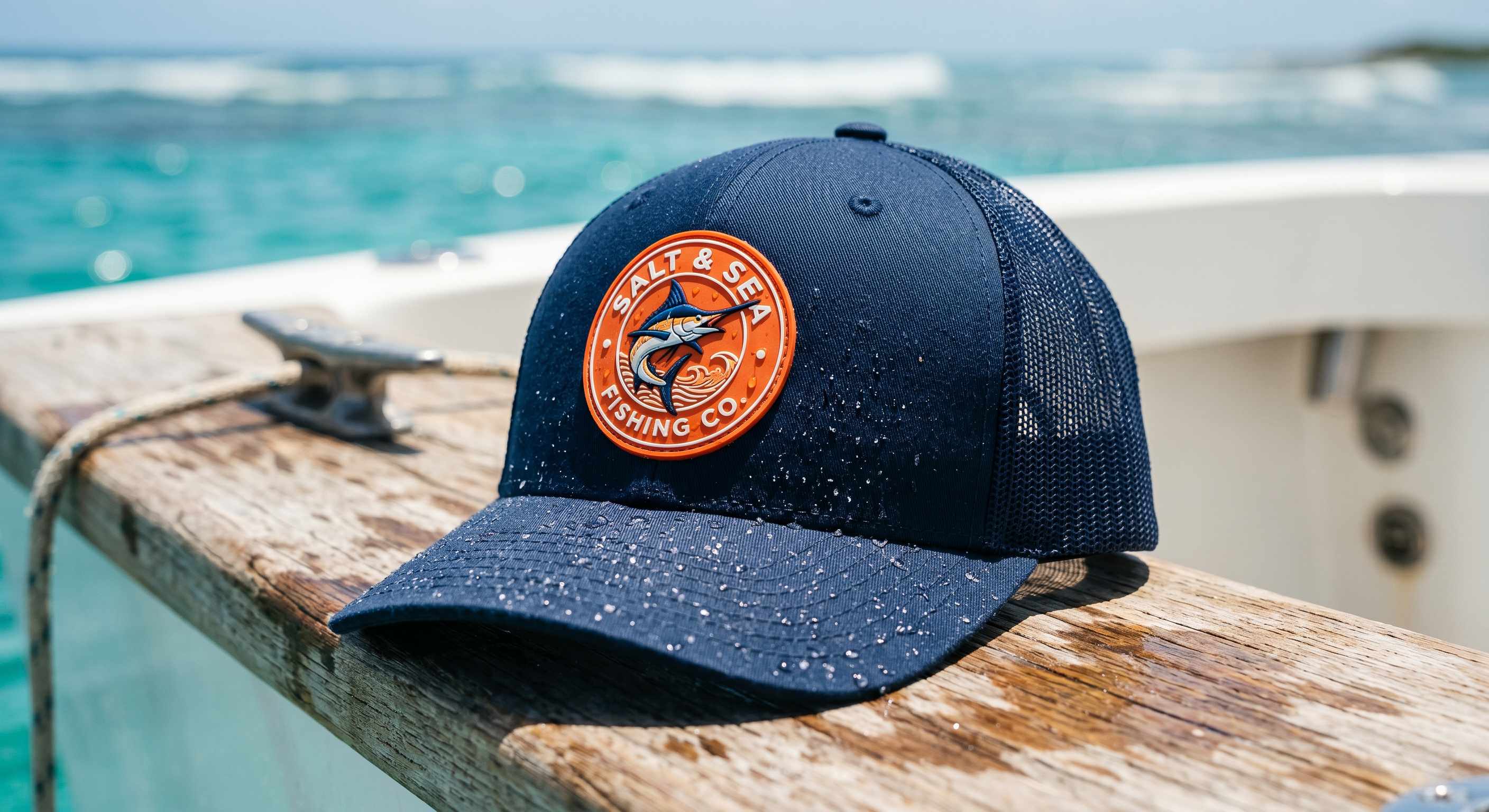 Custom PVC patch performance hat on a boat with ocean spray and tropical sun