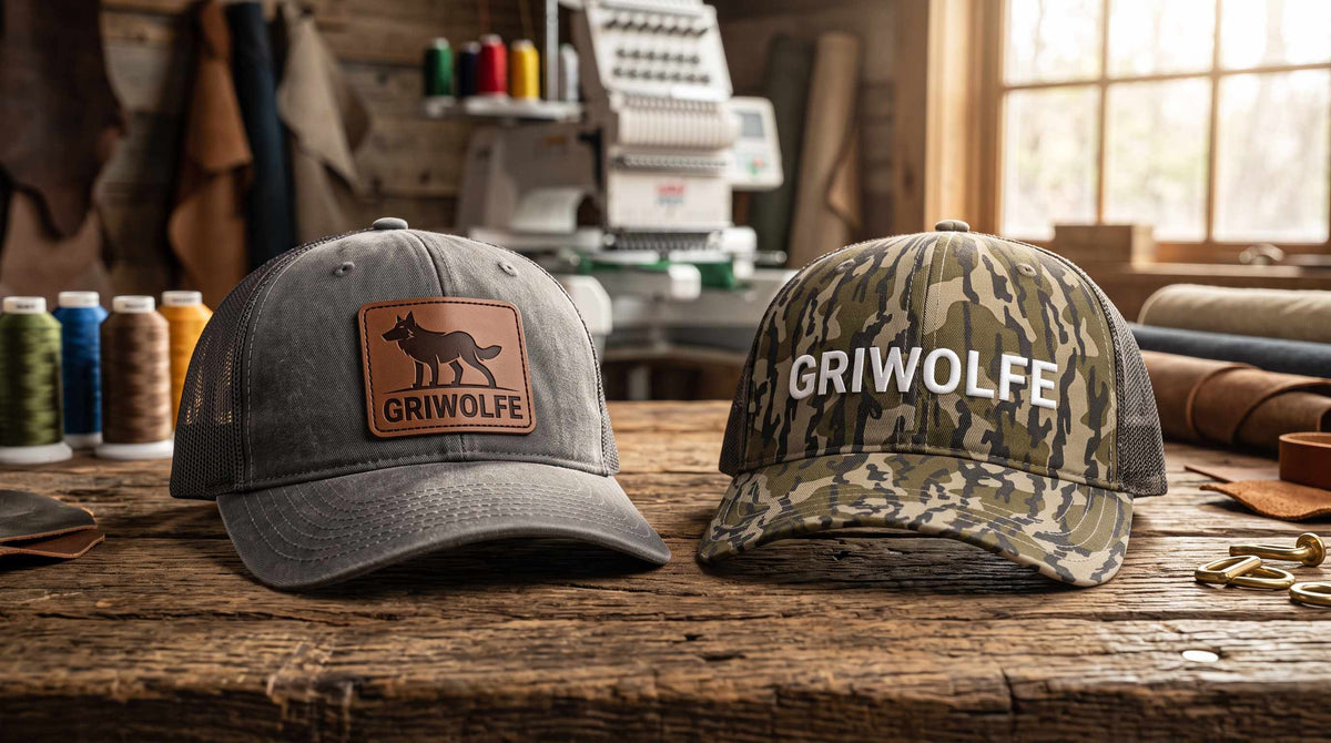 Charcoal Richardson 111 with a leather patch beside a camo 111P with white embroidery on a workshop bench