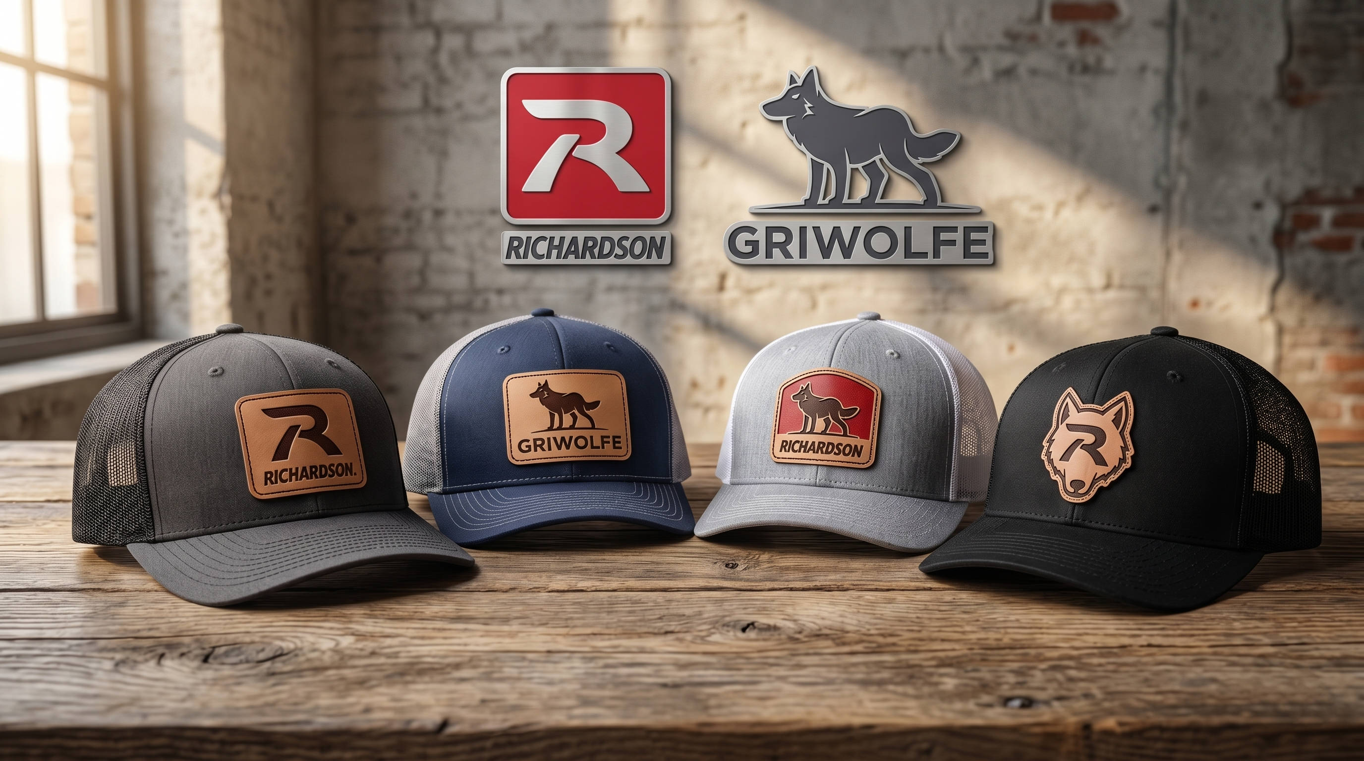 A collection of various Richardson 112 hats with custom leather patches on a wooden table