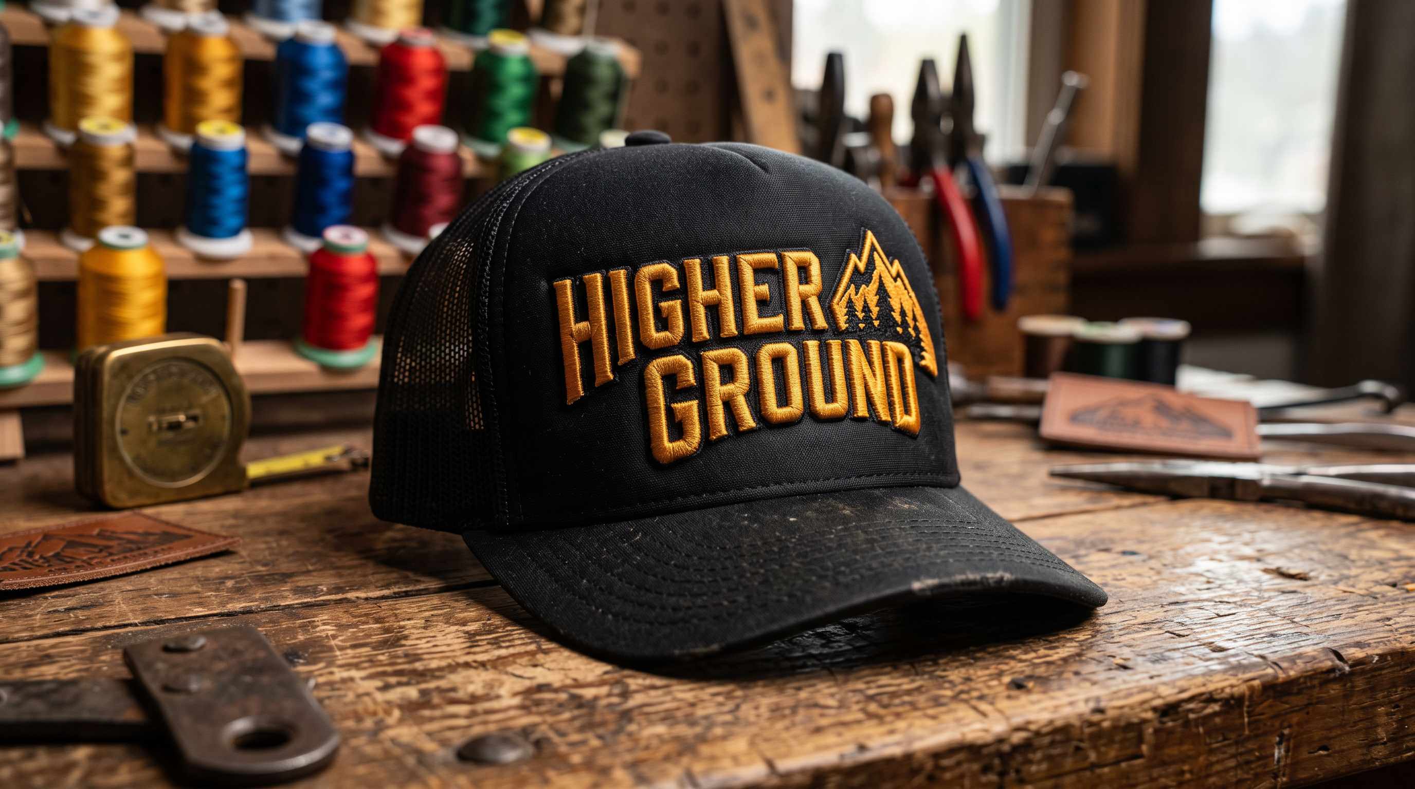 Black trucker hat with gold 3D puff embroidery lettering on the front panel in a workshop