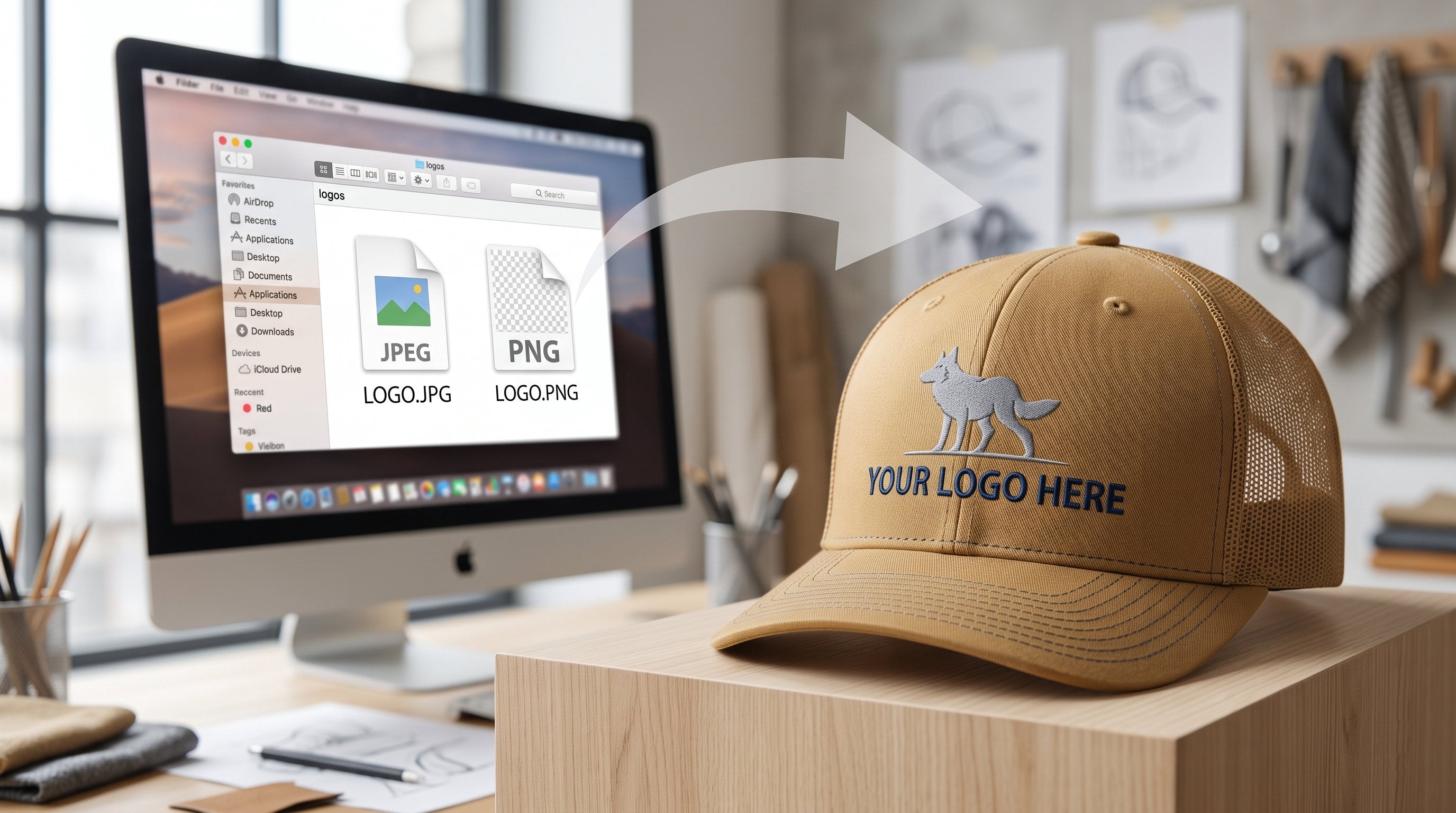 PNG and JPEG logo files on a computer, and the finished logo embroidered on a tan trucker cap