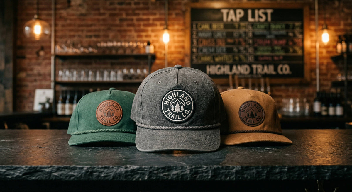 Three custom vintage rope hats with leather and embroidered patches displayed on a stone bar in a rustic craft brewery taproom.