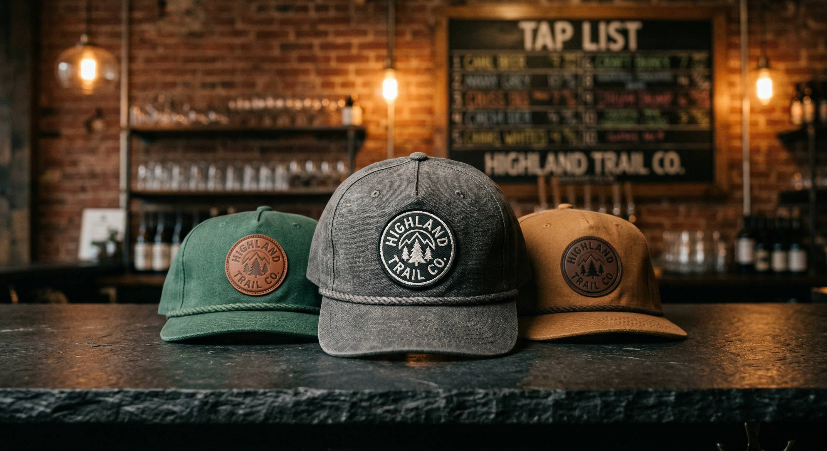 Three custom vintage rope hats with leather and embroidered patches displayed on a stone bar in a rustic craft brewery taproom.