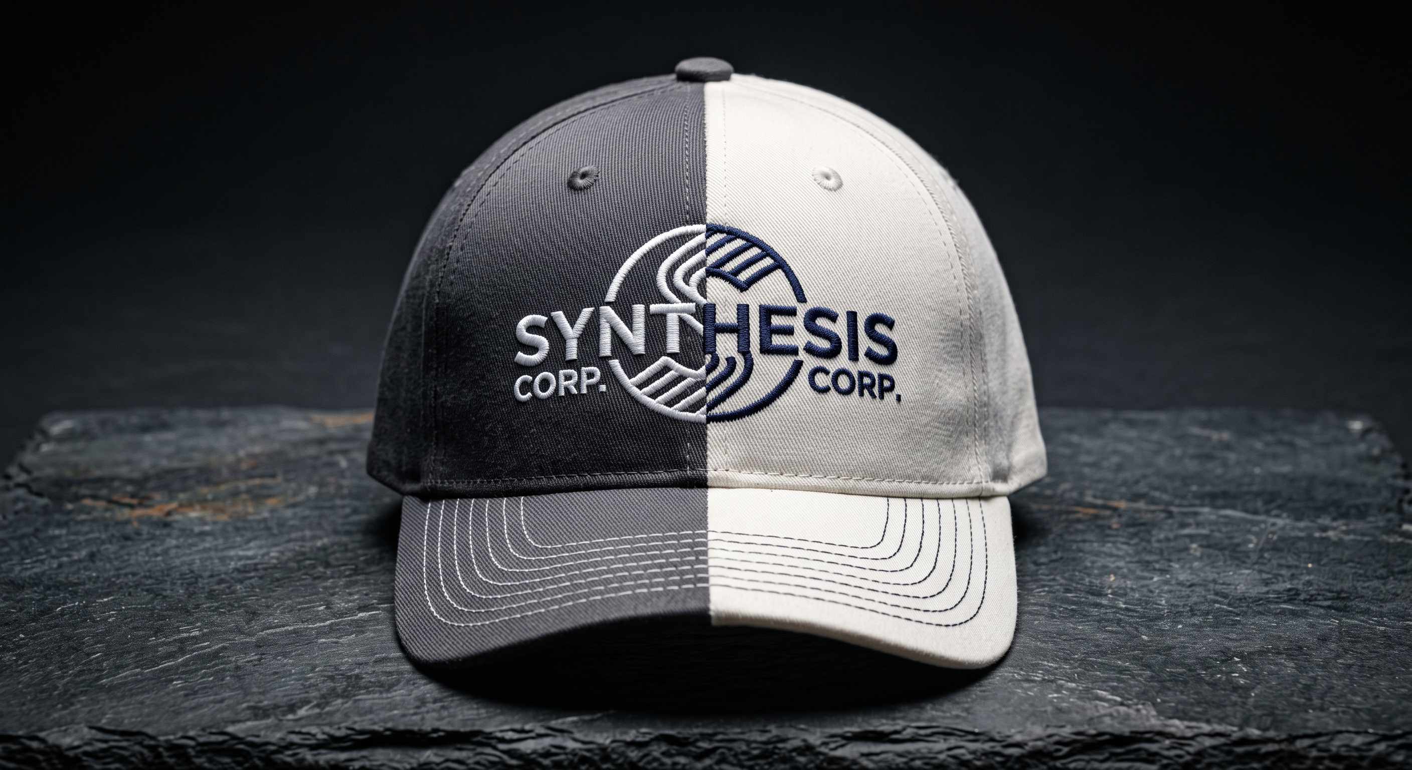 Half-charcoal, half-white cap with one logo stitched in white on the dark side and navy on the light side