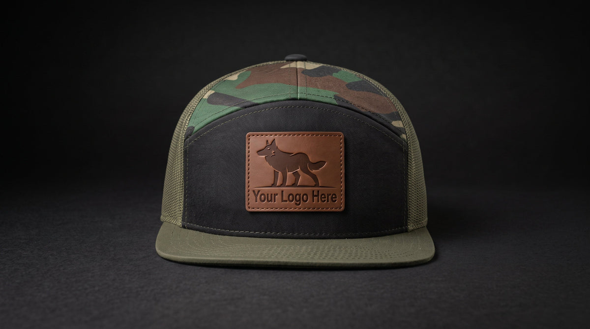 Seven-panel flat-bill trucker cap with a black front, camo upper panels, and a brown leather patch centered on the front