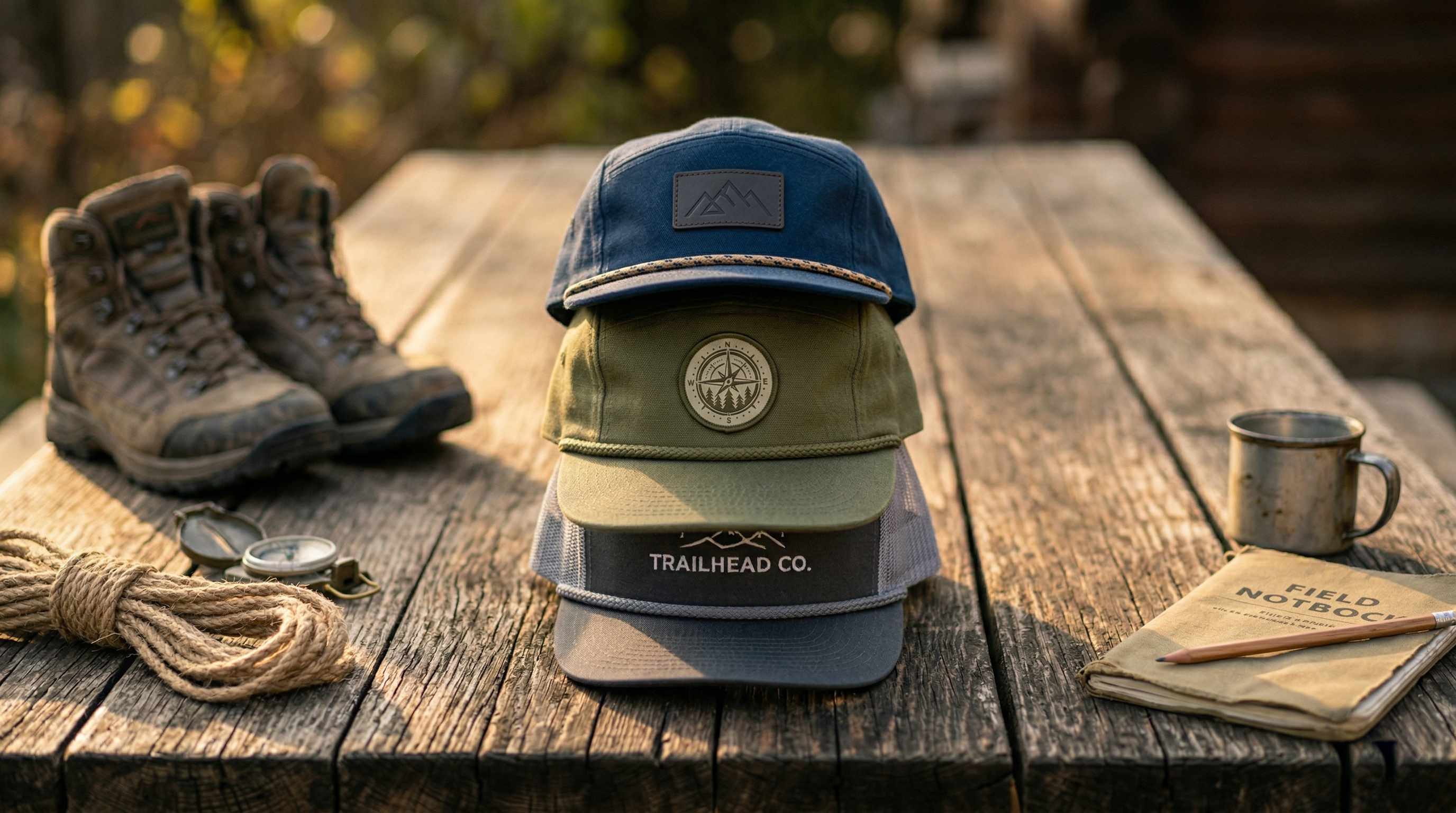 Stack of three custom rope hats with leather and woven patches on a dark oak background.