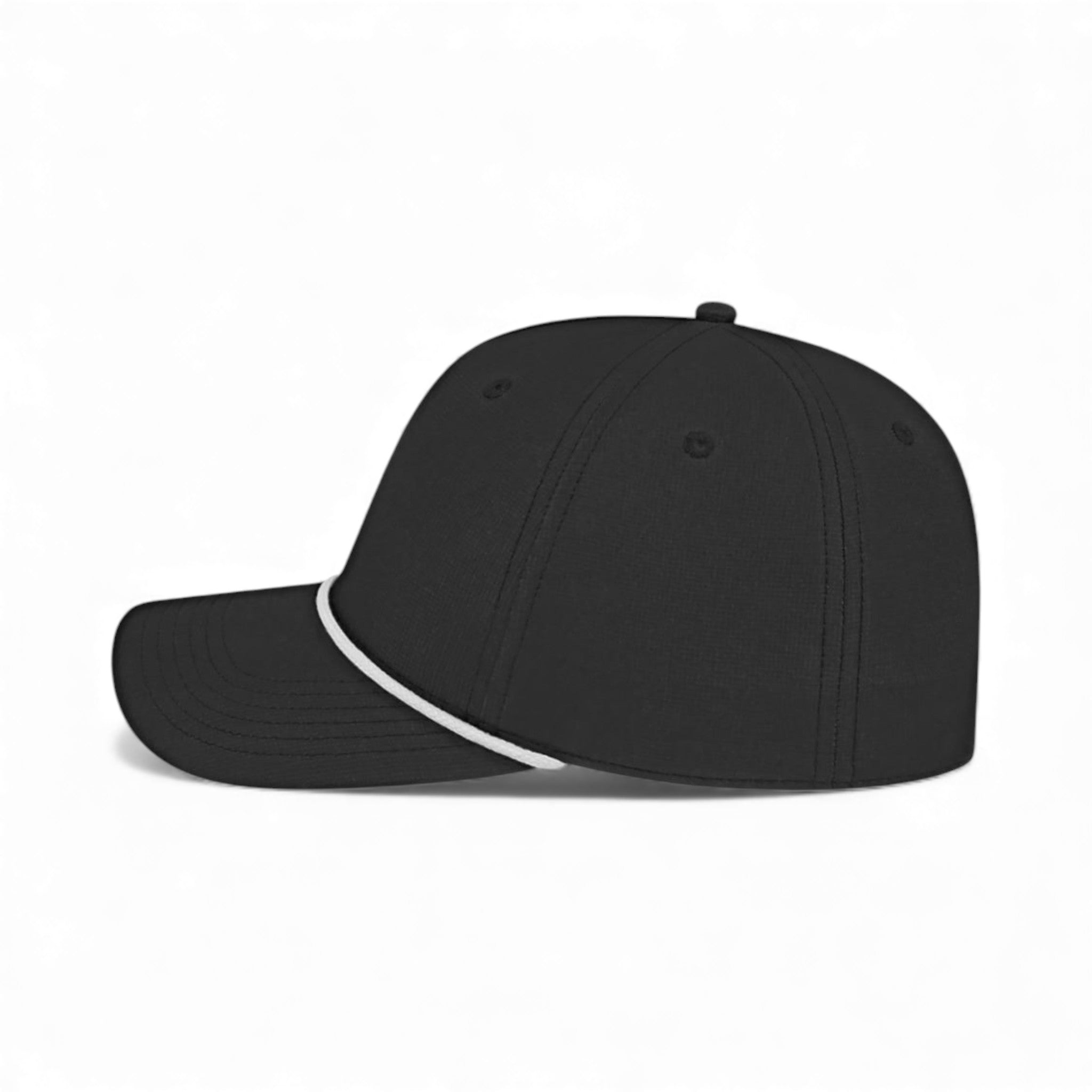 Left side view of Cap America i7256 custom hat in black and white