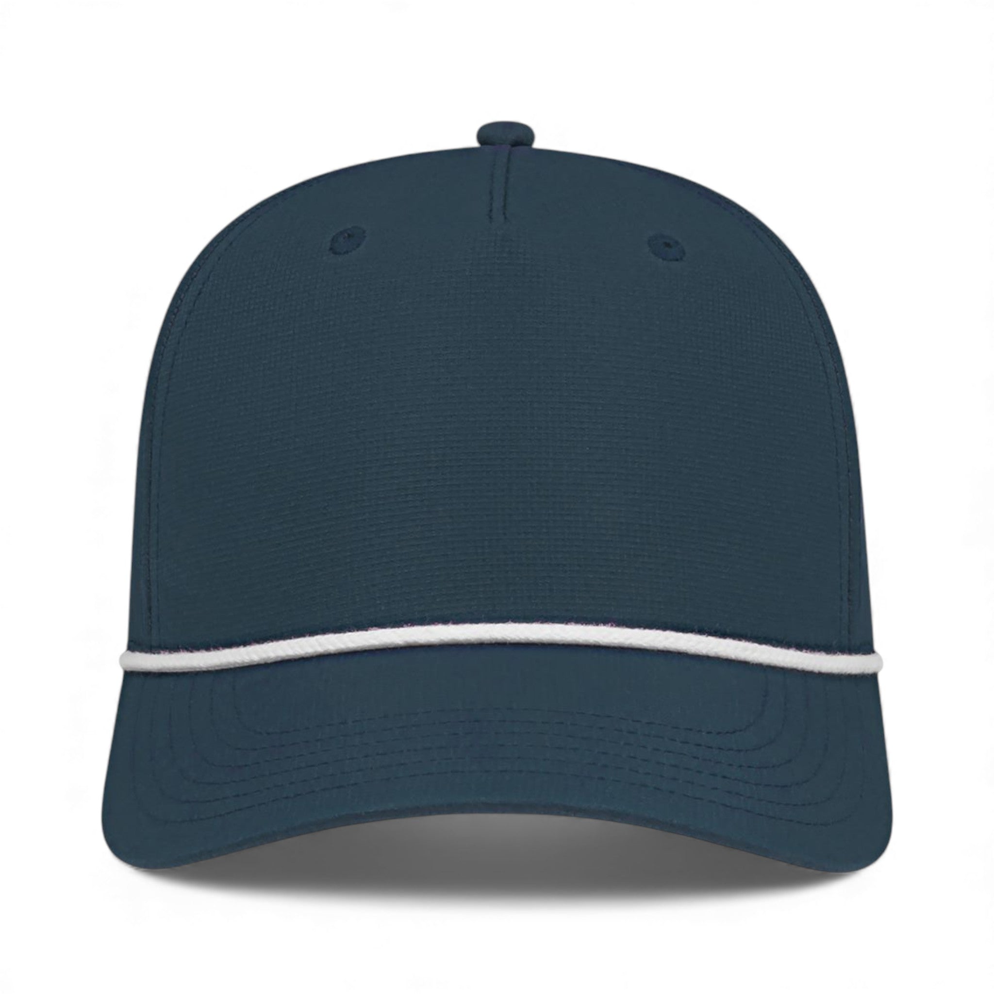 Front view of Cap America i7256 custom hat in dark blue and white