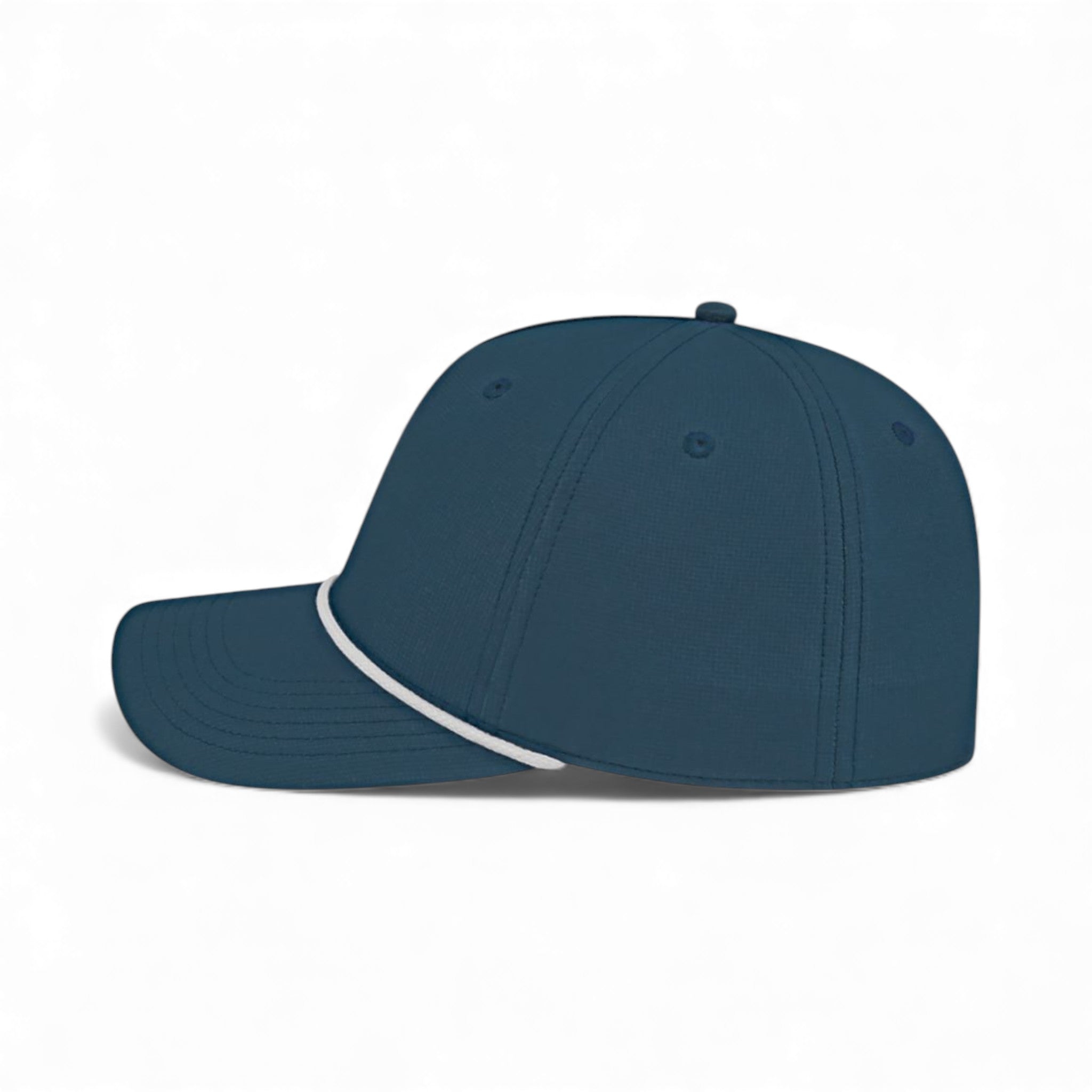 Left side view of Cap America i7256 custom hat in dark blue and white
