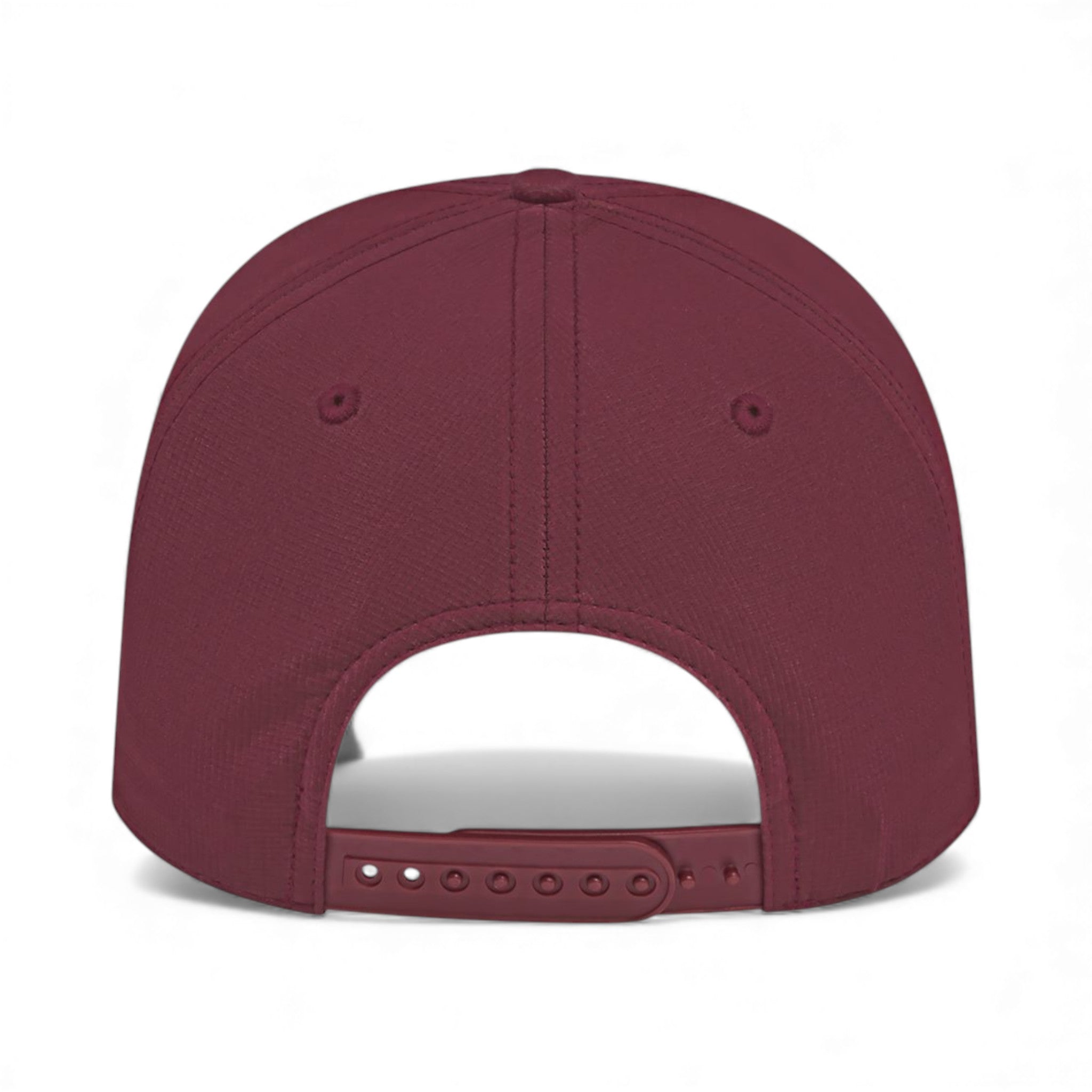 Back view of Cap America i7256 custom hat in merlot and white