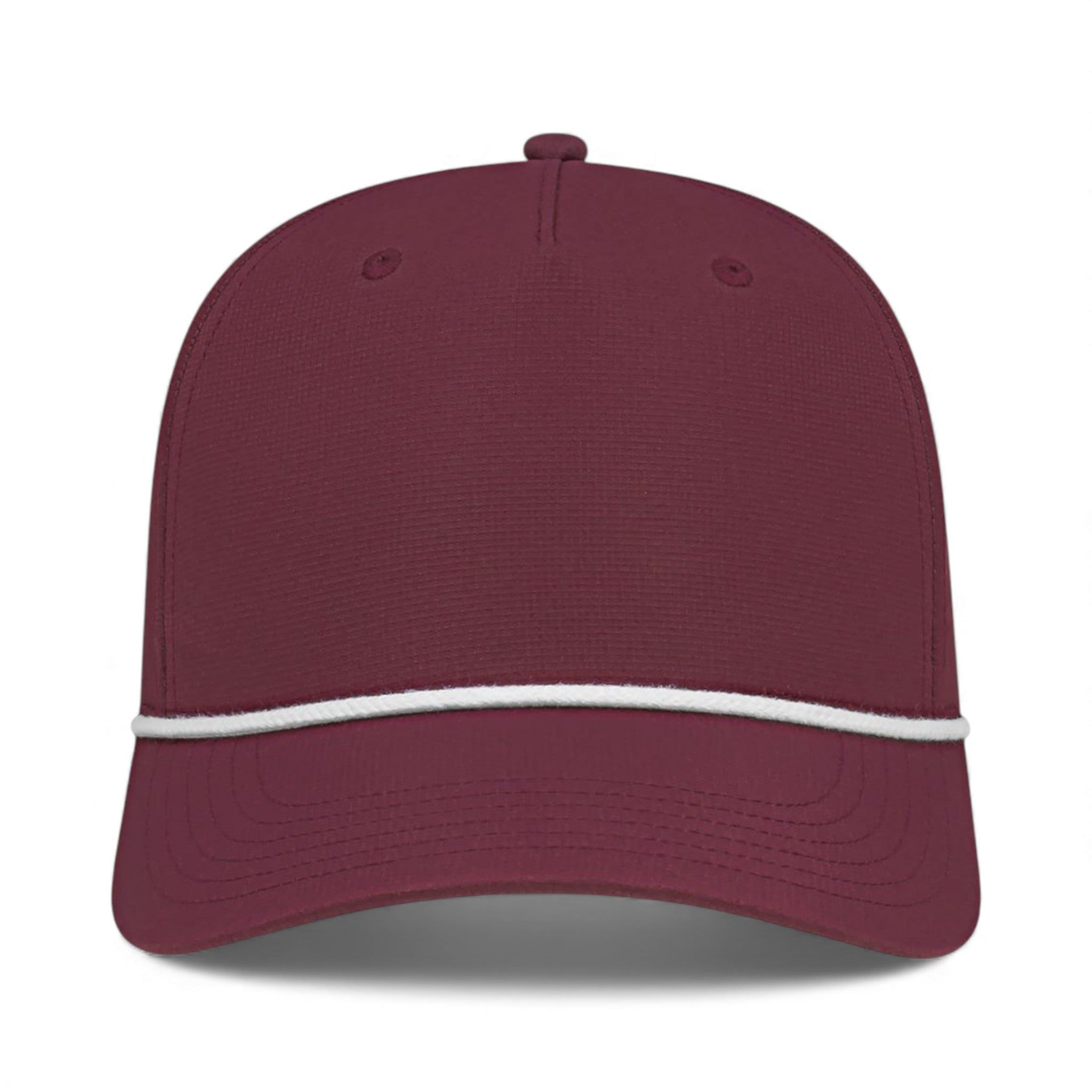 Front view of Cap America i7256 custom hat in merlot and white