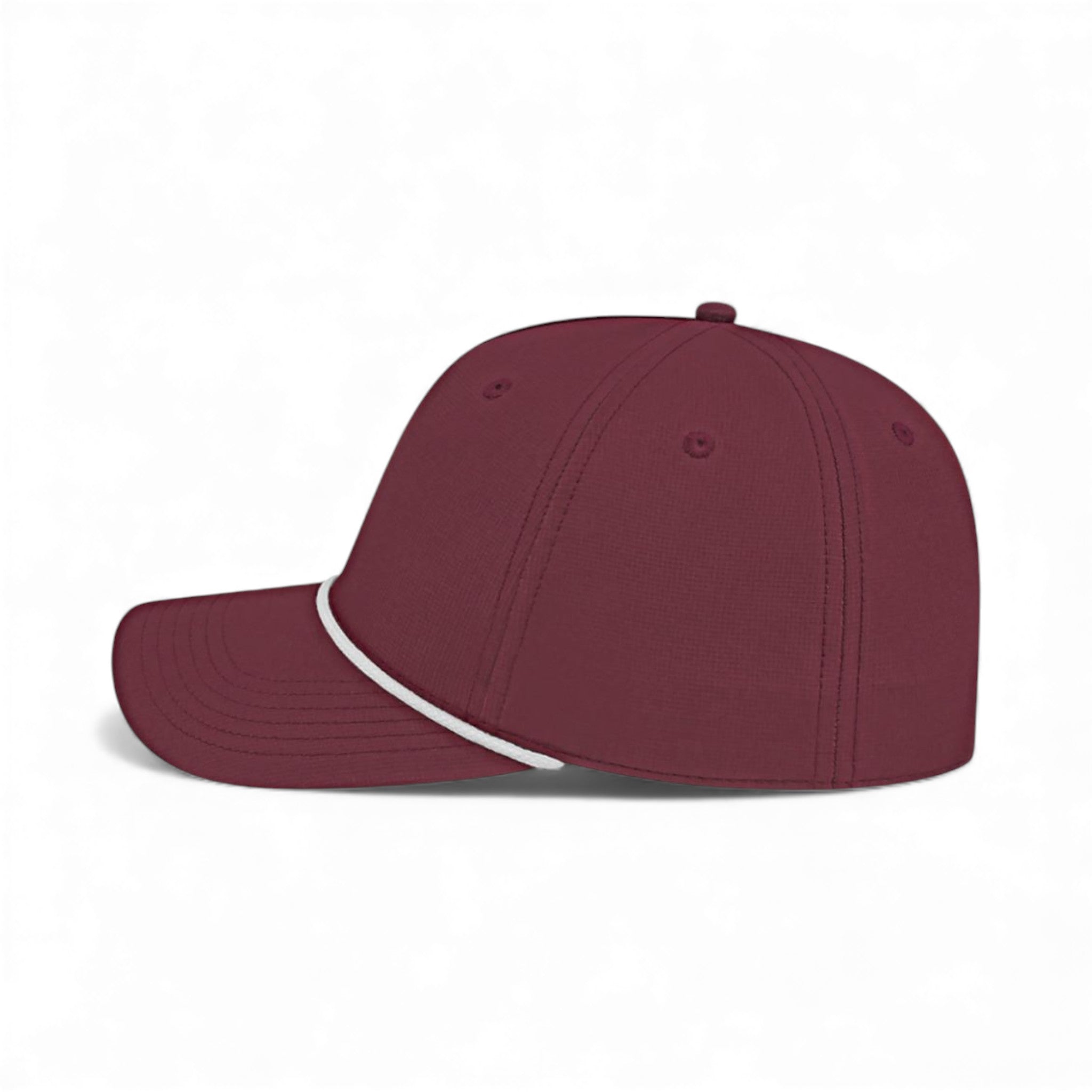 Left side view of Cap America i7256 custom hat in merlot and white