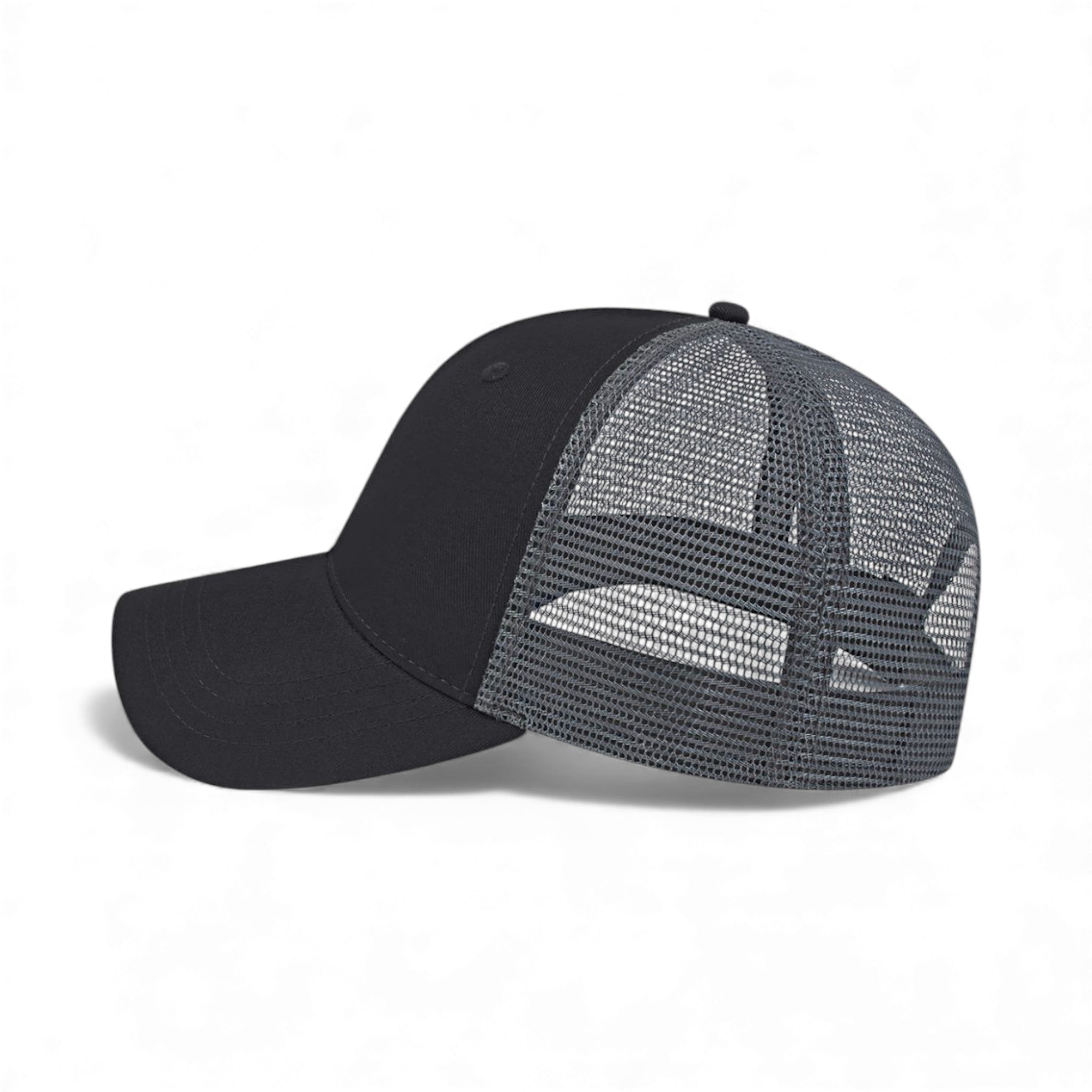 Left side view of Cap America x800 custom hat in black and charcoal