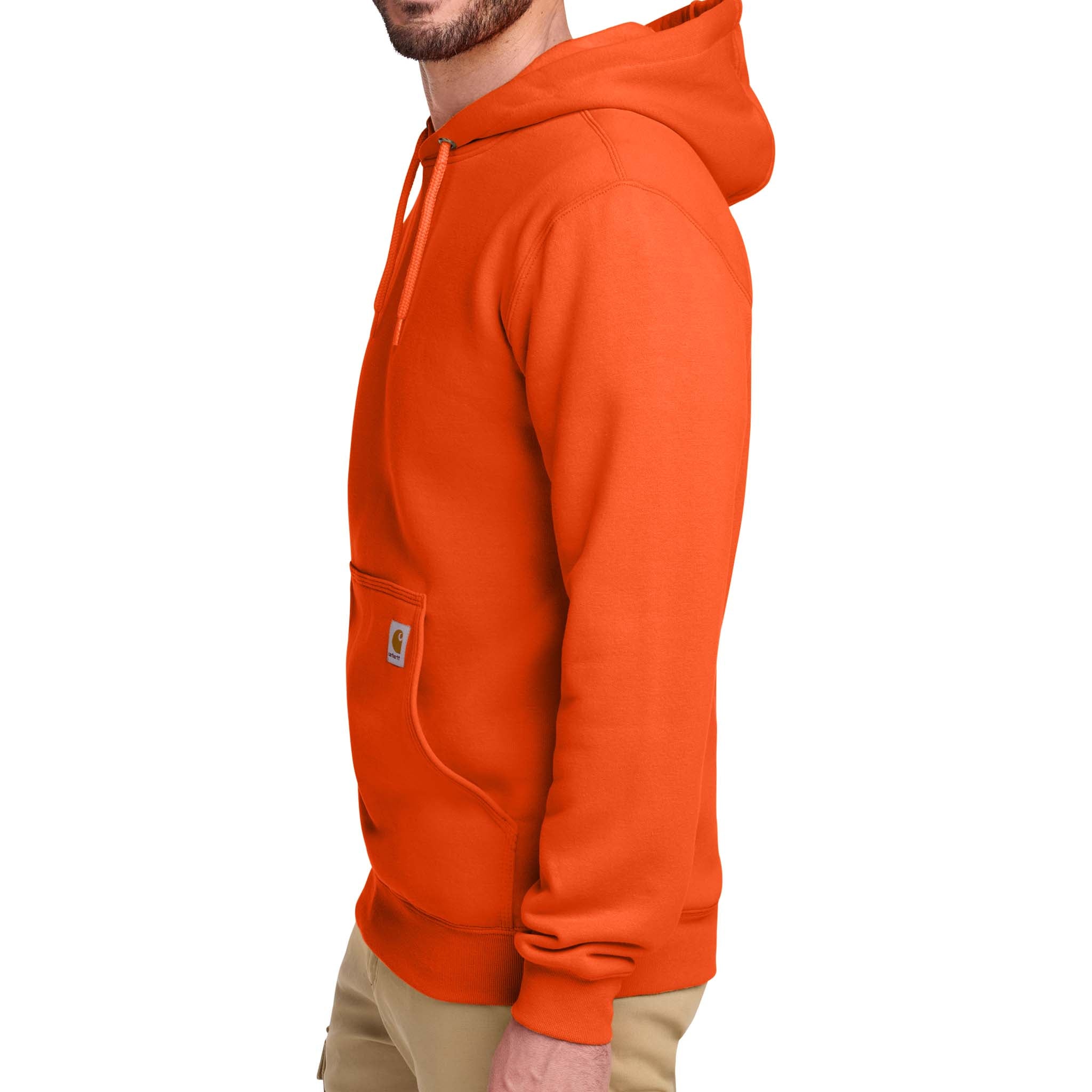 Carhartt CTK121 custom hoodie in brite orange, left side view