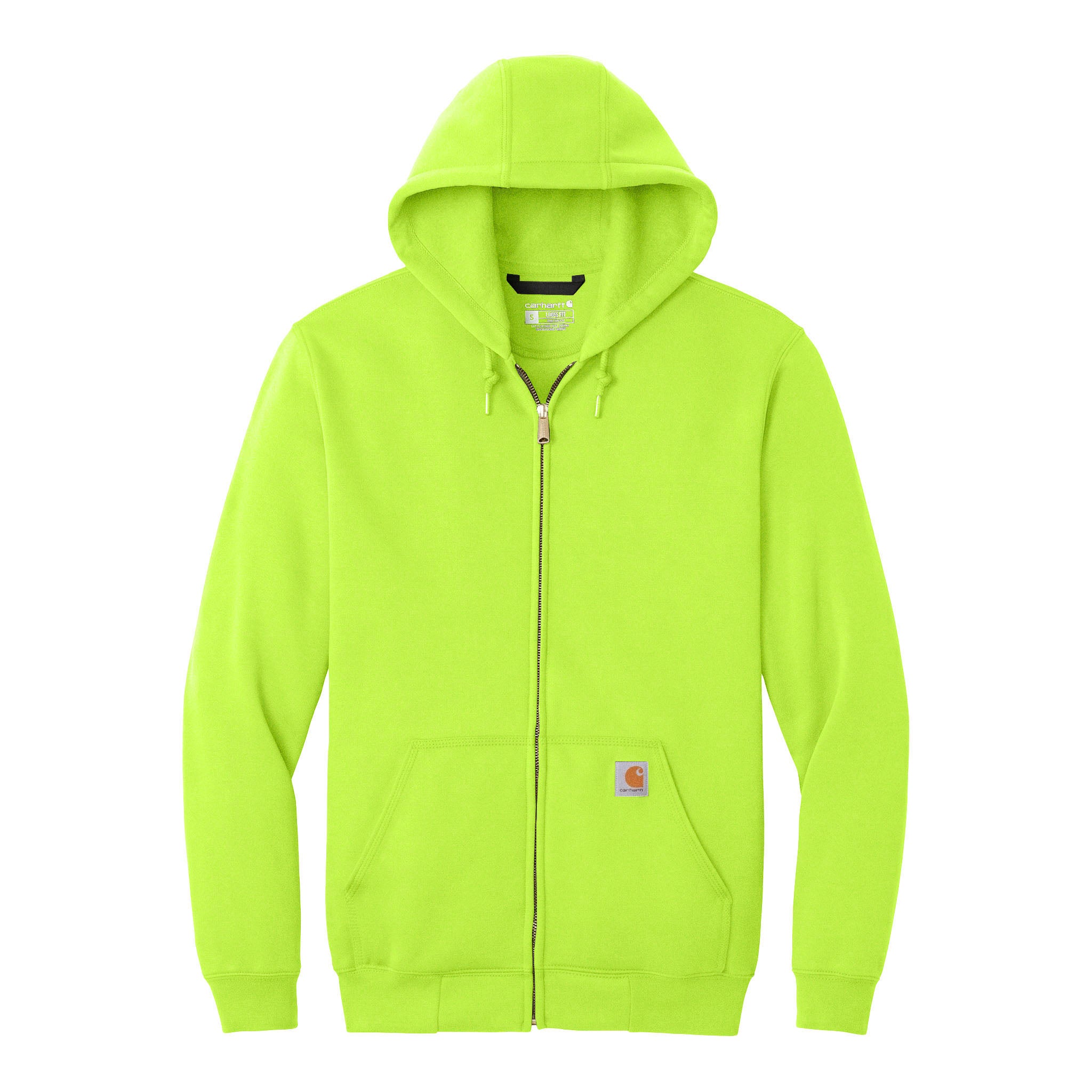 Carhartt CTK122 custom full-zip hoodie in brite lime, front view