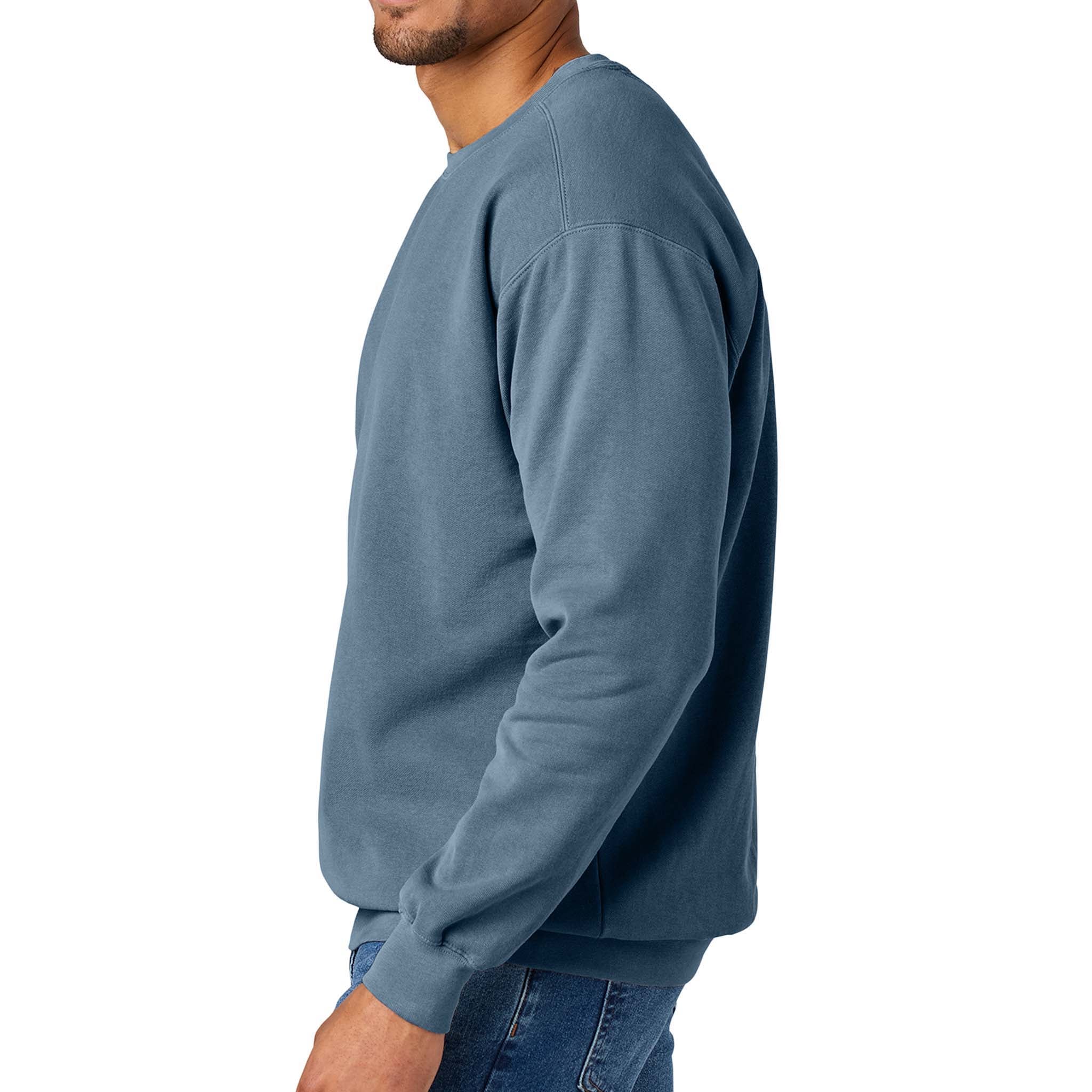 Comfort Colors 1566 custom crewneck in blue jean, left side view