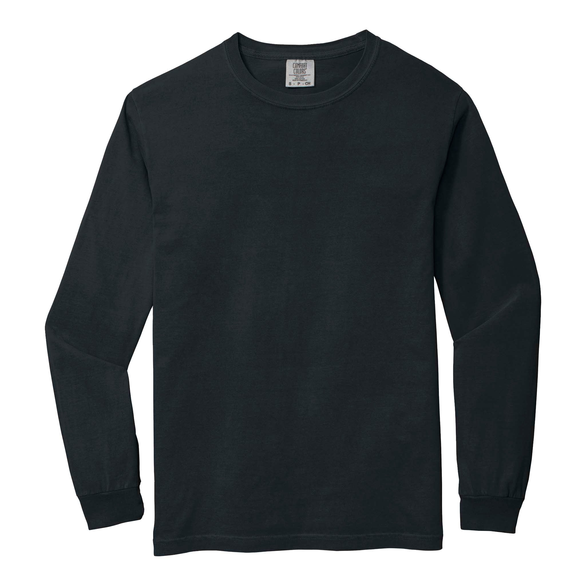 Comfort Colors 6014 custom long sleeve t-shirt in black, front view