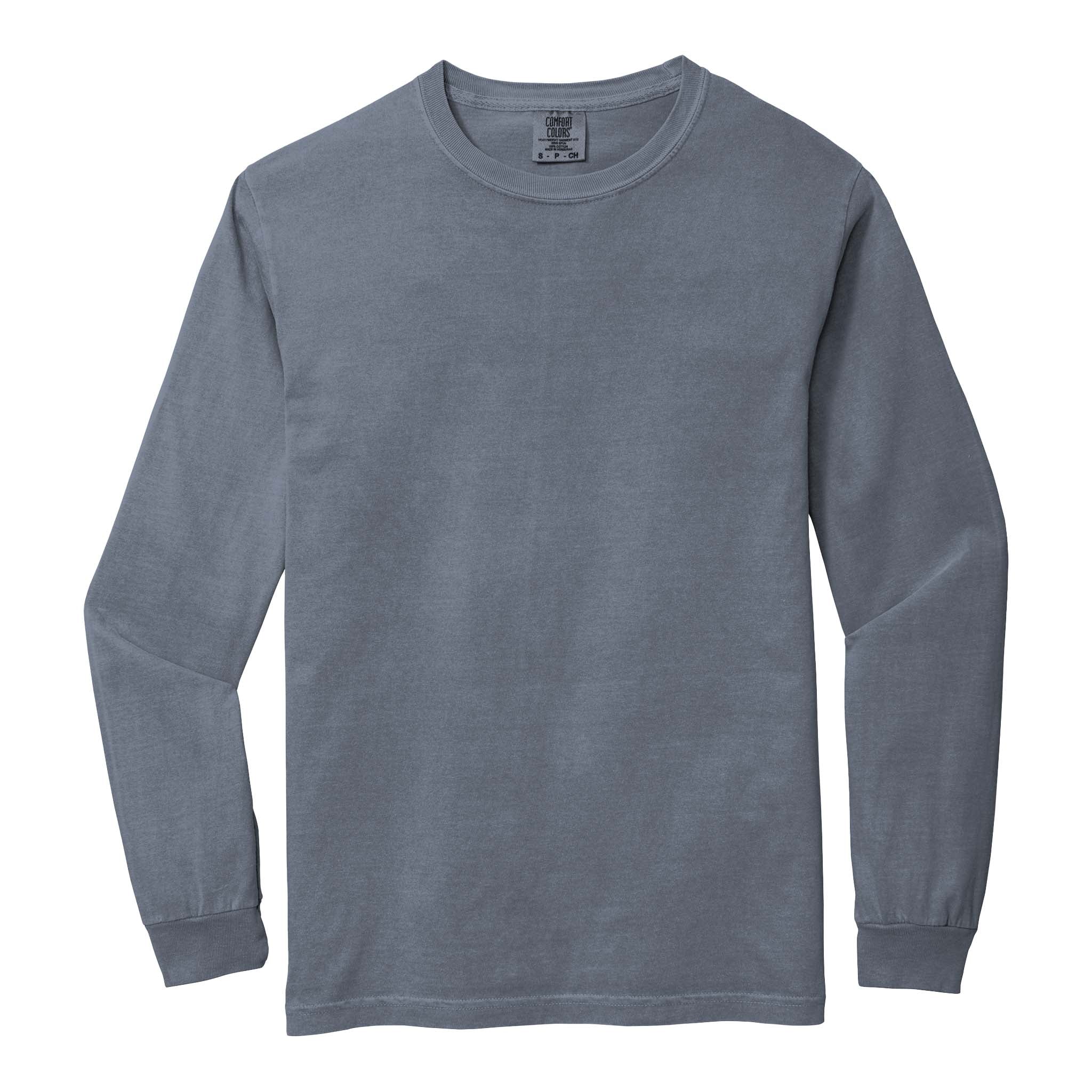 Comfort Colors 6014 custom long sleeve t-shirt in blue jean, front view