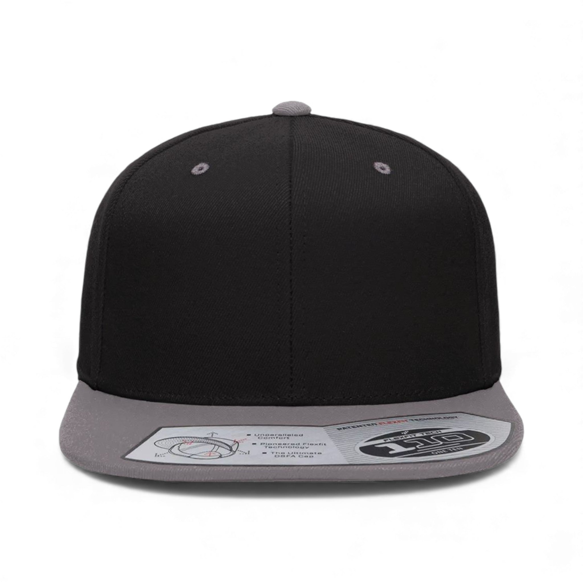 Front view of Flexfit 110F custom hat in black and grey