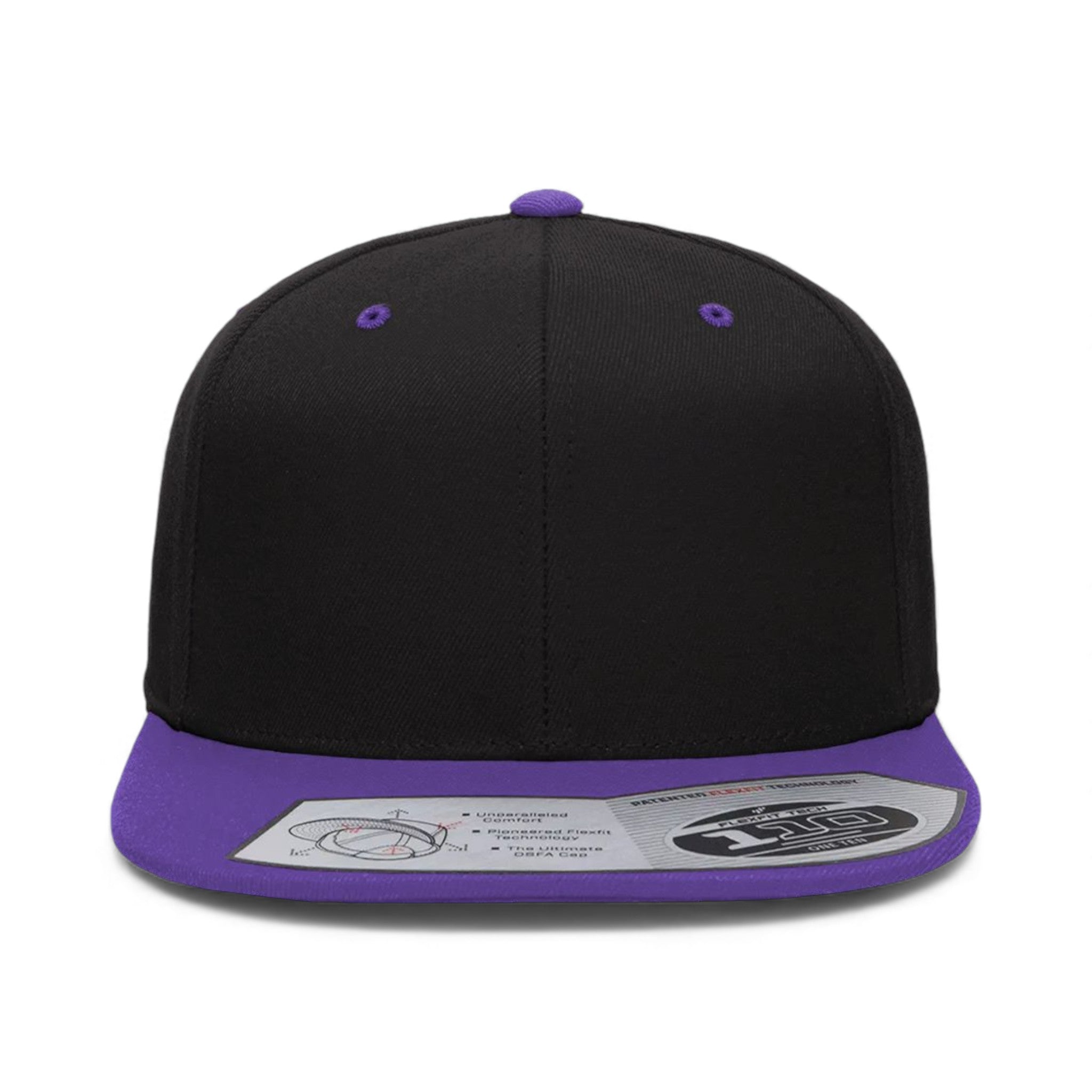 Front view of Flexfit 110F custom hat in black and purple