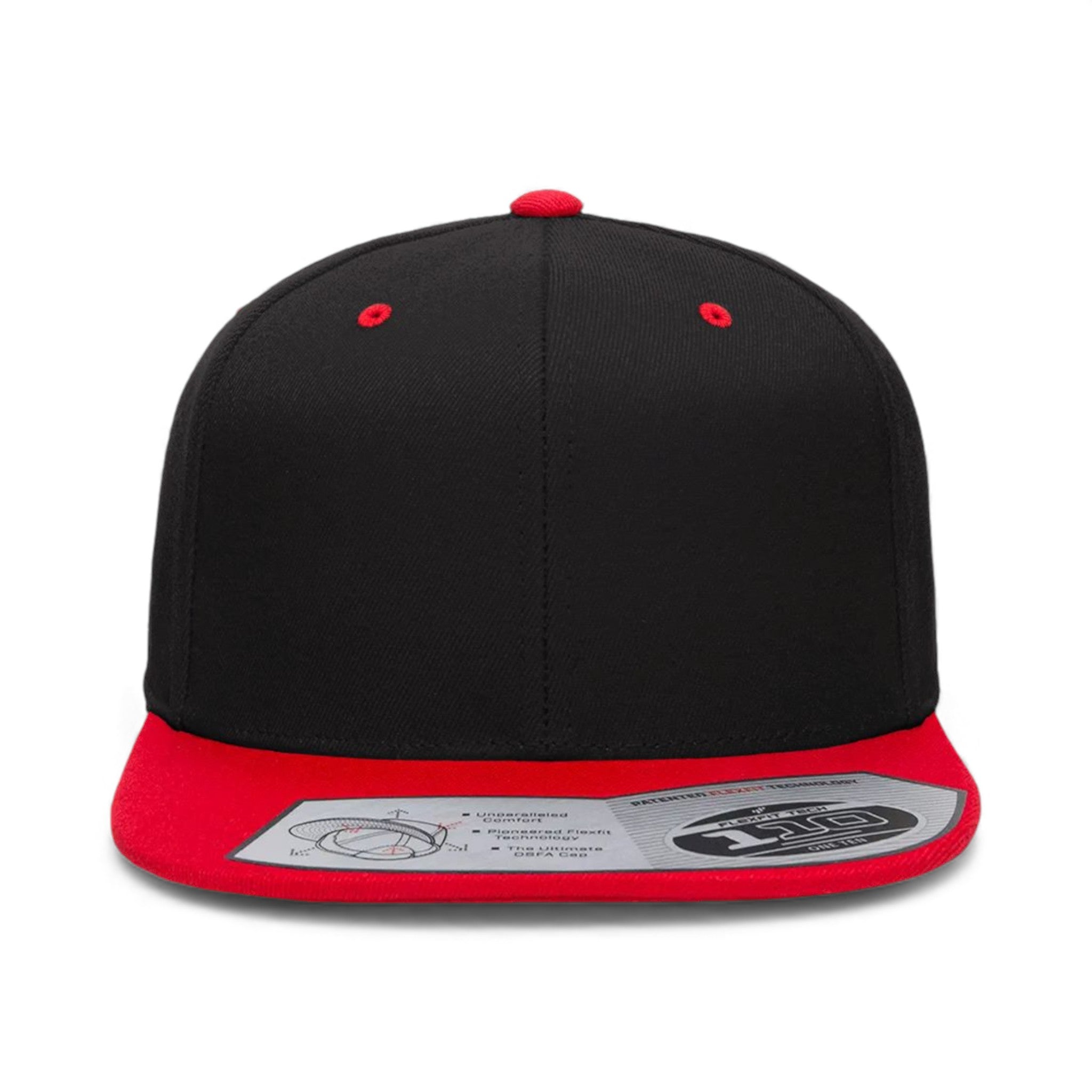 Front view of Flexfit 110F custom hat in black and red