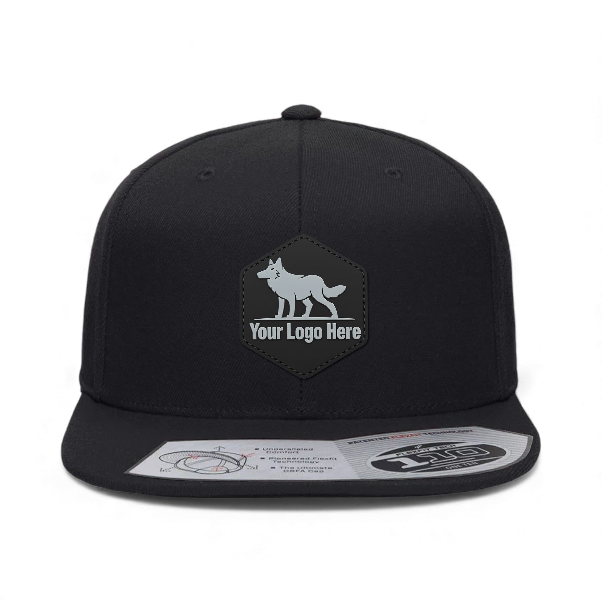 PVC patch preview of Flexfit 110F custom hat in black