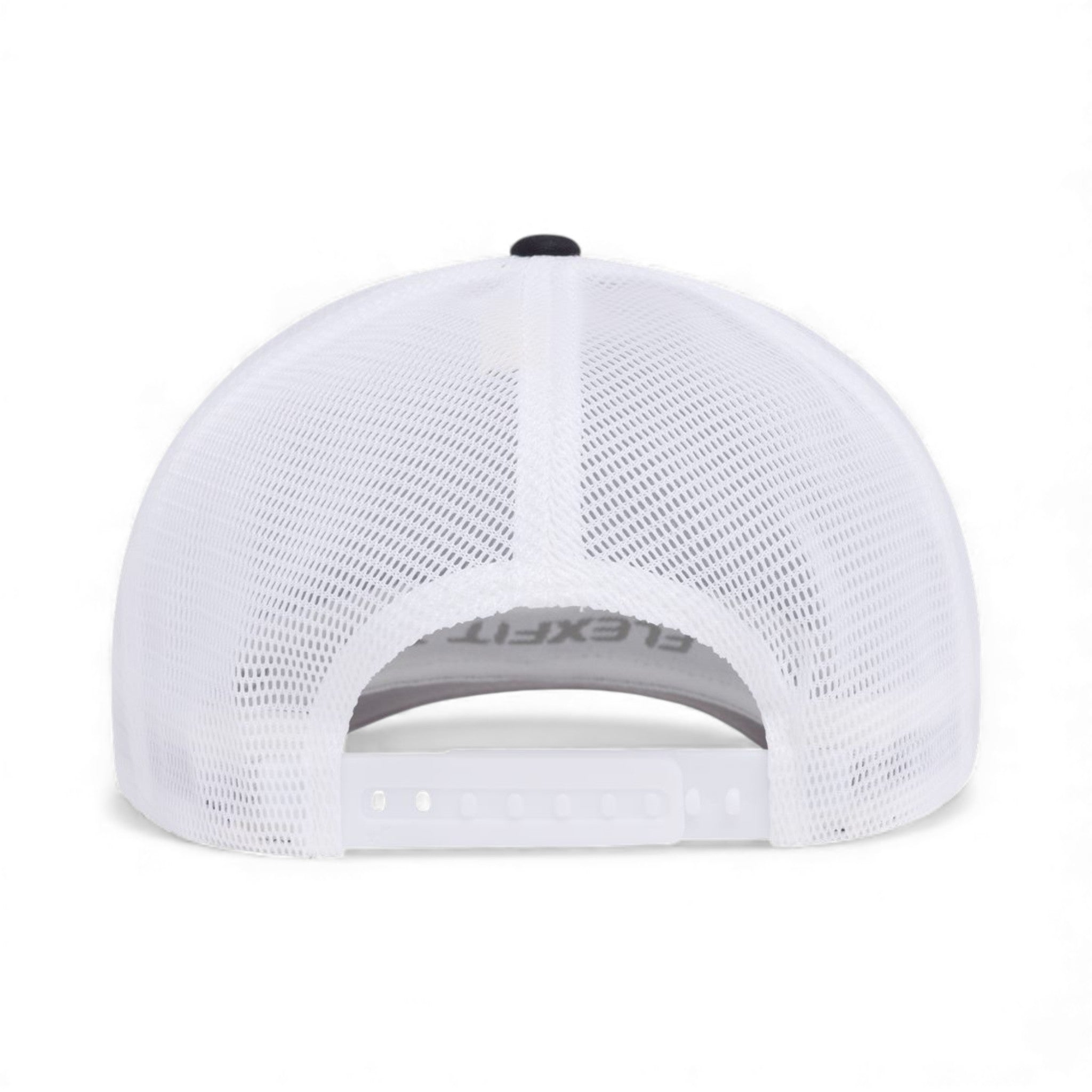 Back view of Flexfit 110M custom hat in black and white