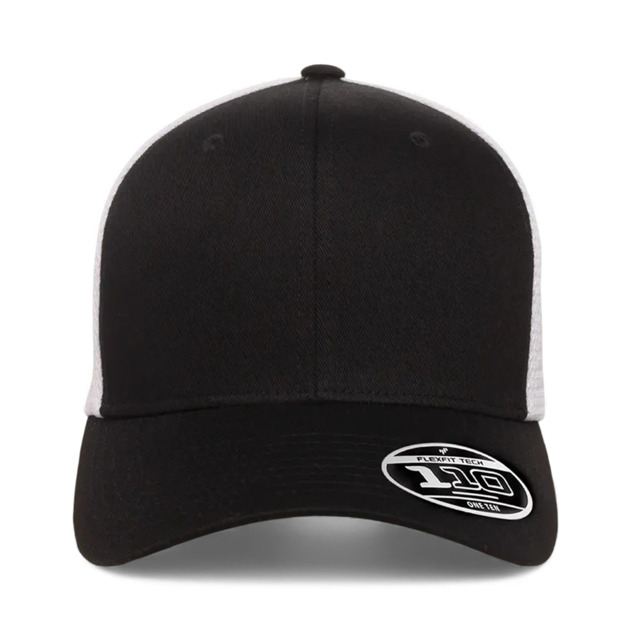 Front view of Flexfit 110M custom hat in black and white