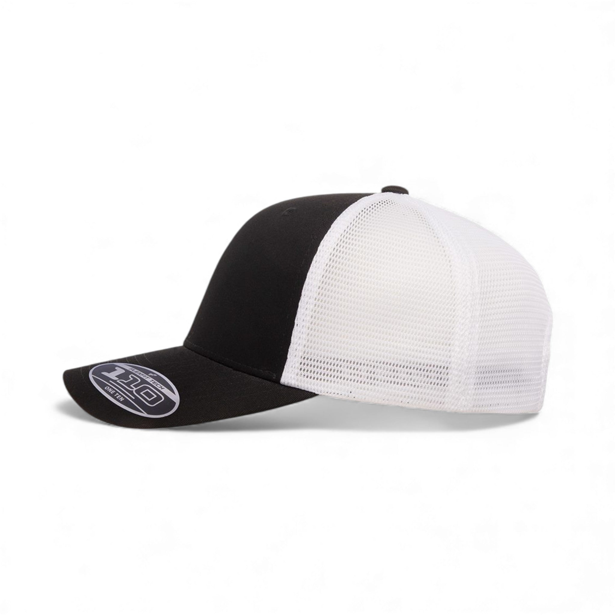 Left side view of Flexfit 110M custom hat in black and white