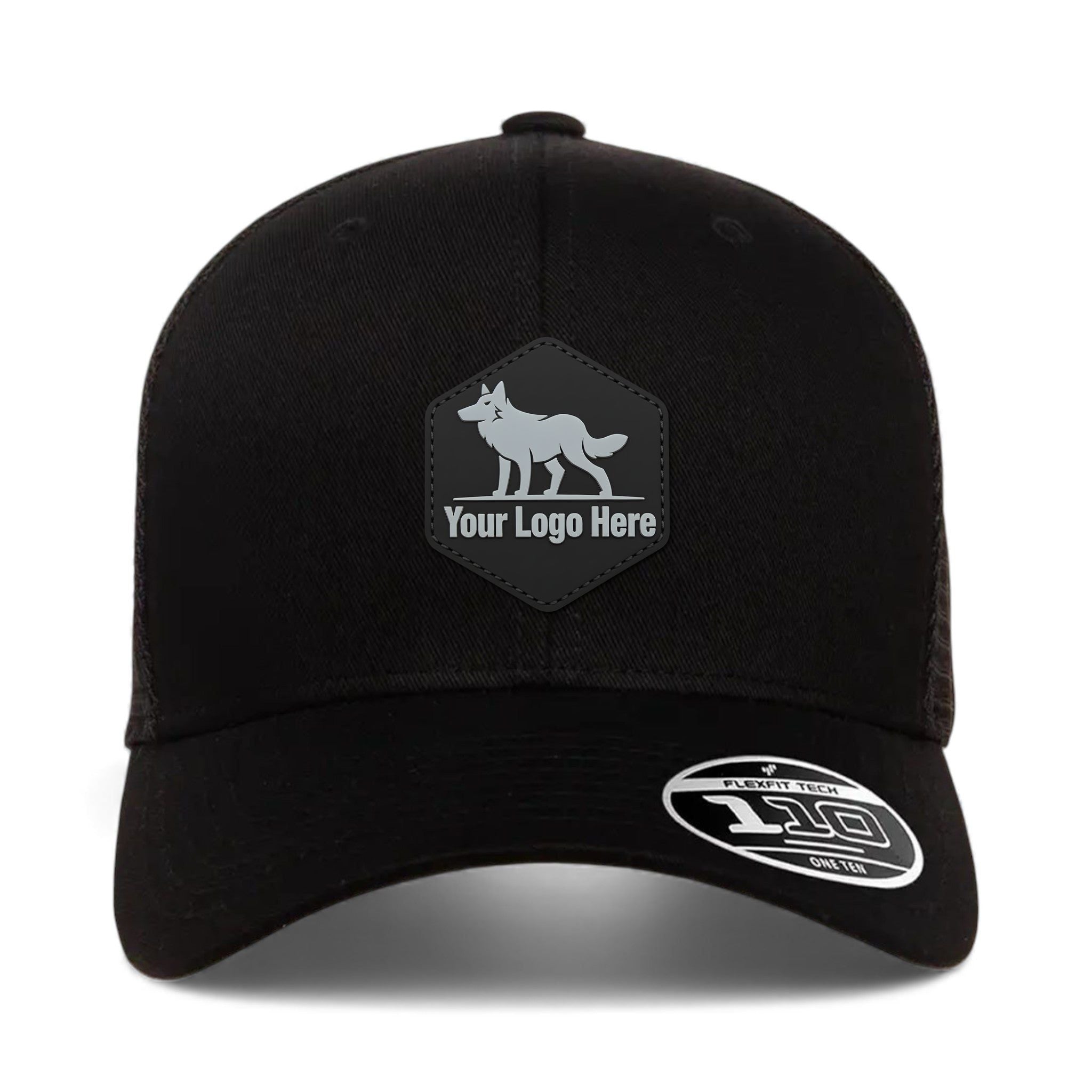 PVC patch preview of Flexfit 110M custom hat in black