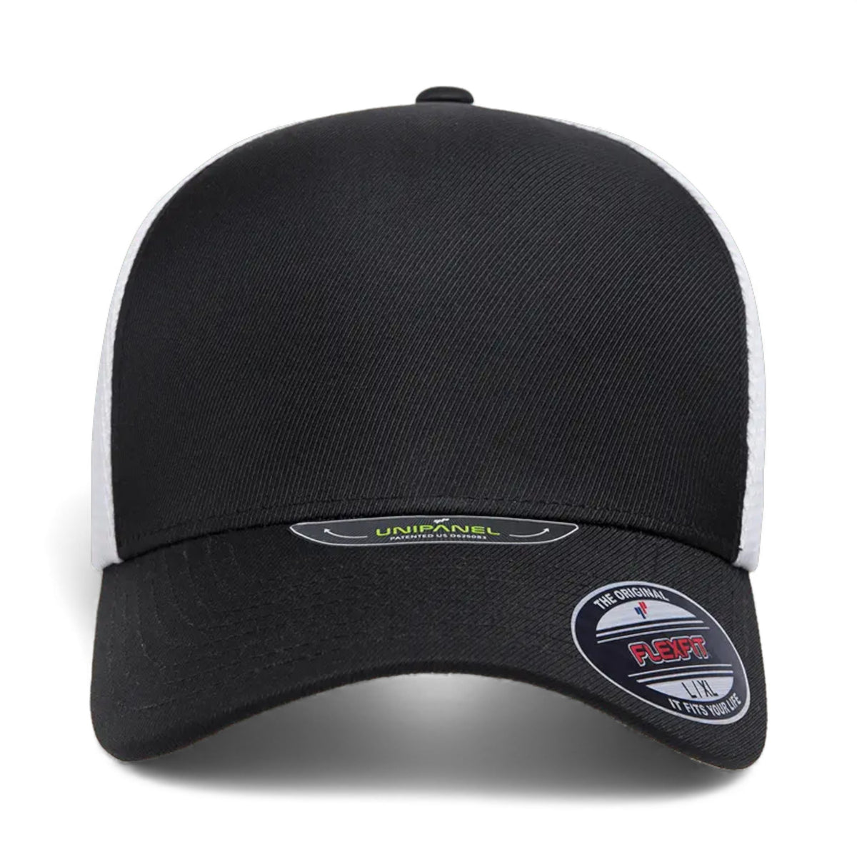 Front view of Flexfit 5511UP custom hat in black and white