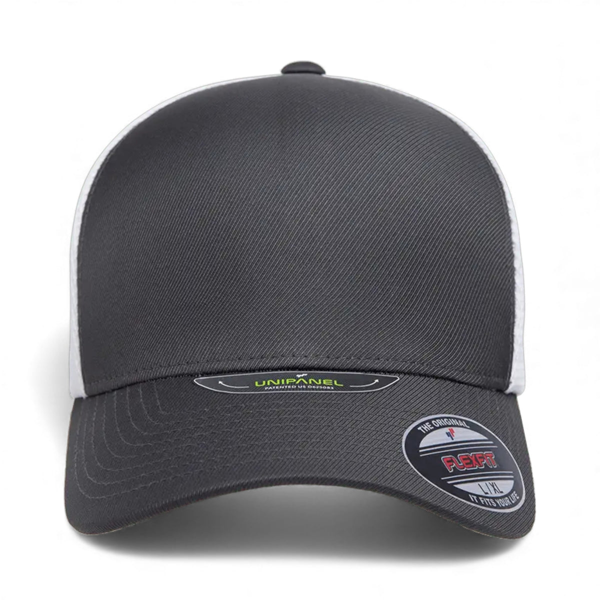 Front view of Flexfit 5511UP custom hat in charcoal and white