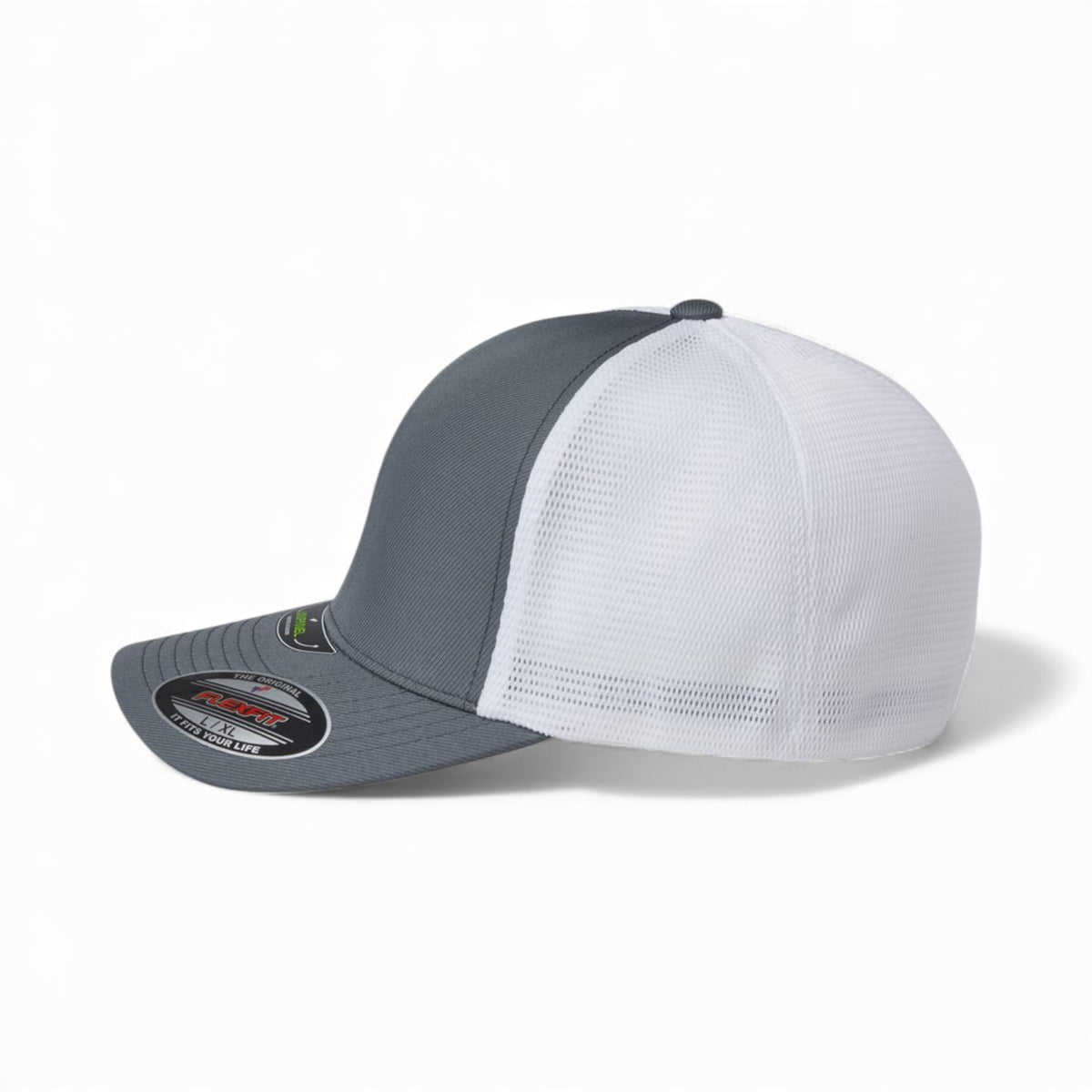 Left side view of Flexfit 5511UP custom hat in charcoal and white