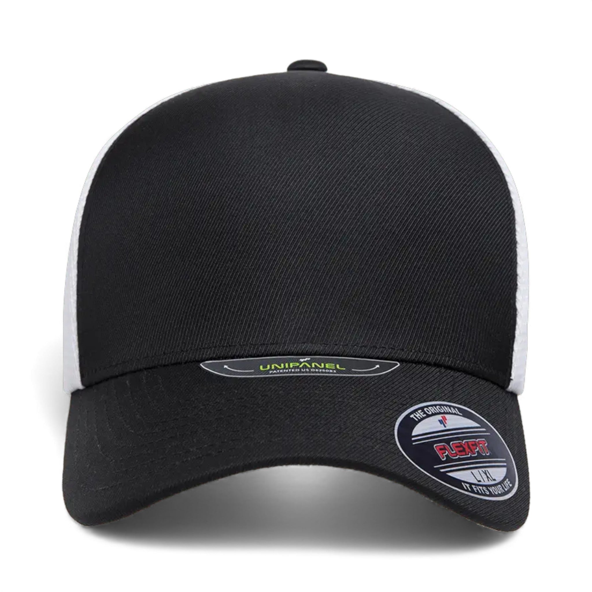 Front view of Flexfit 5511UP custom hat in black and white