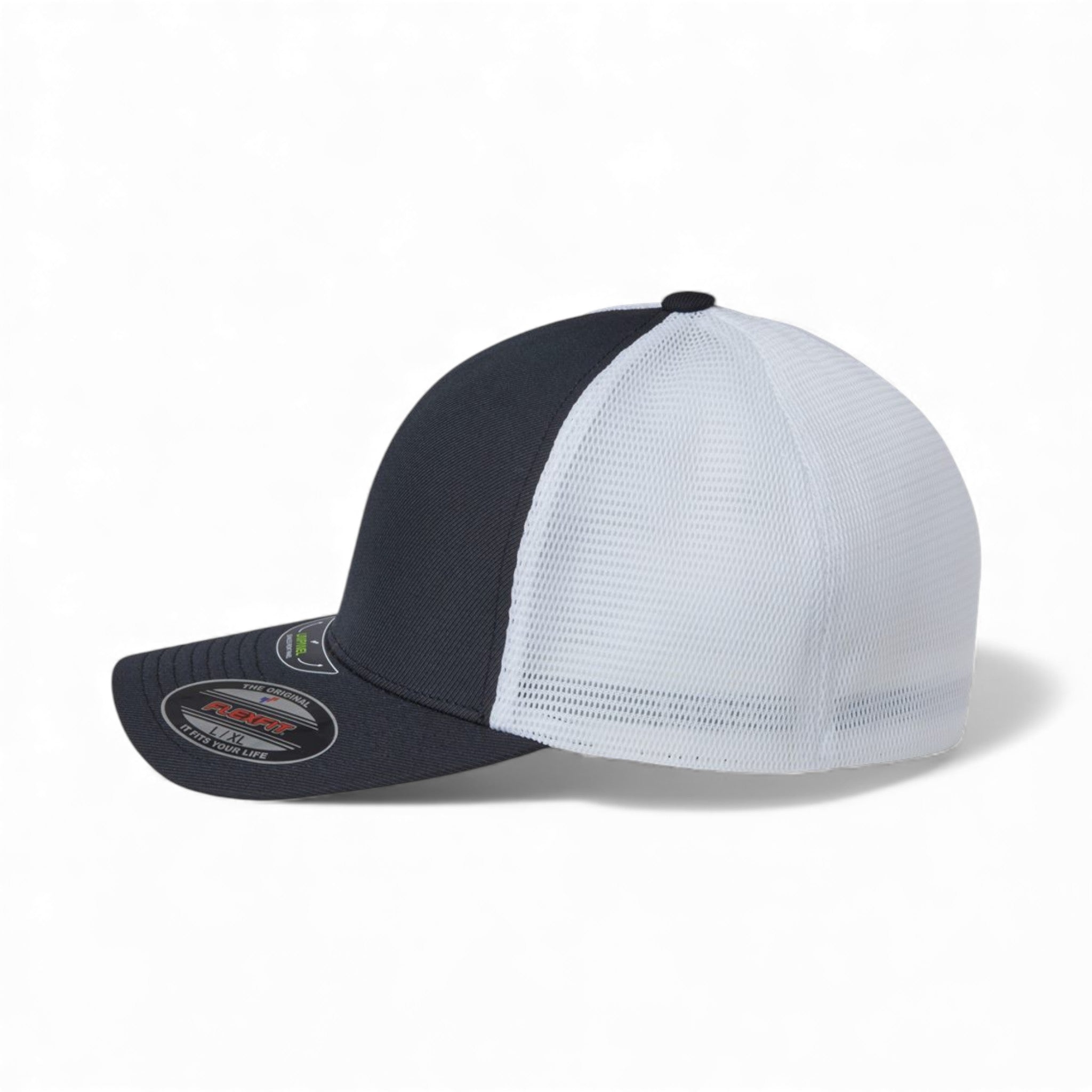 Left side view of Flexfit 5511UP custom hat in black and white