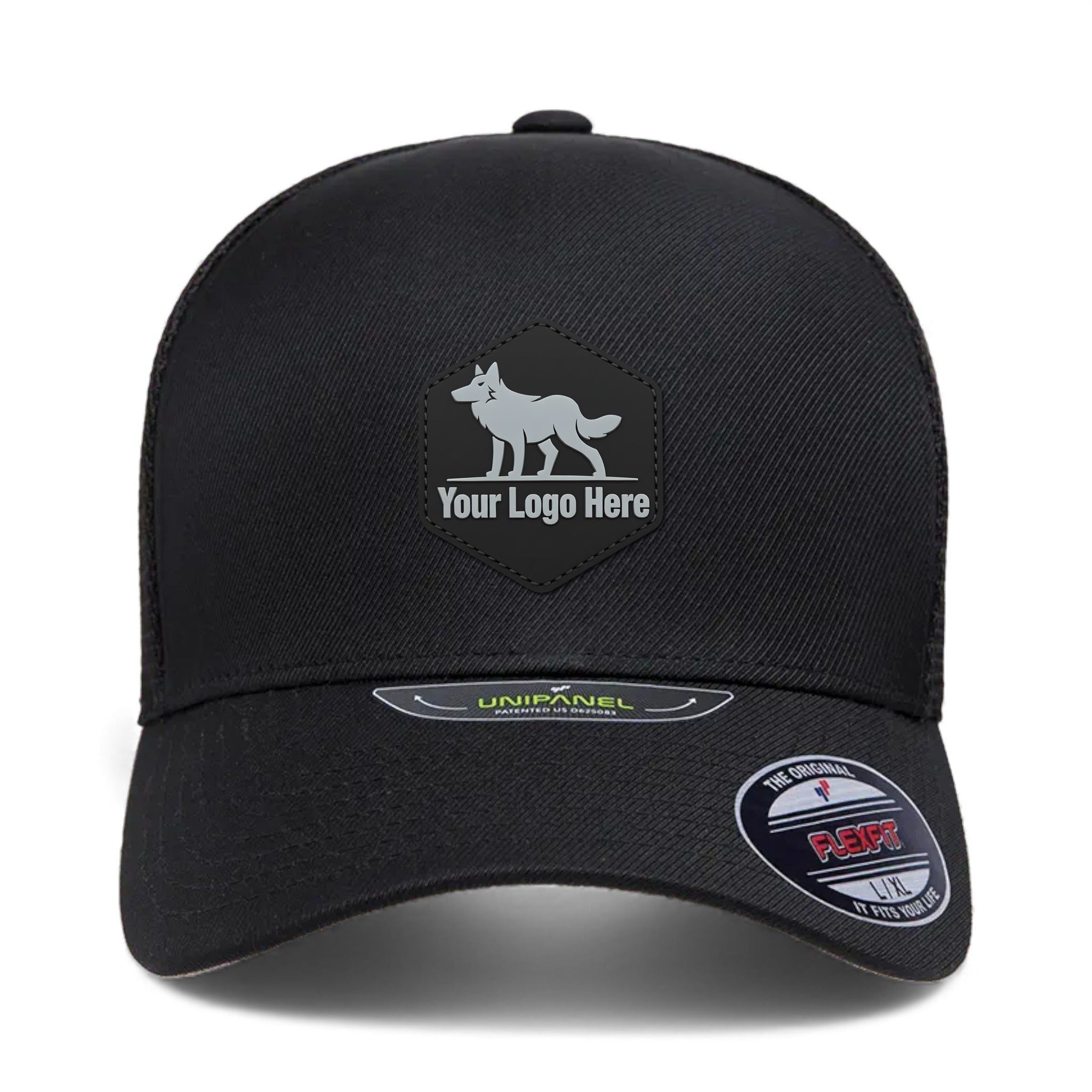 PVC patch preview of Flexfit 5511UP custom hat in black