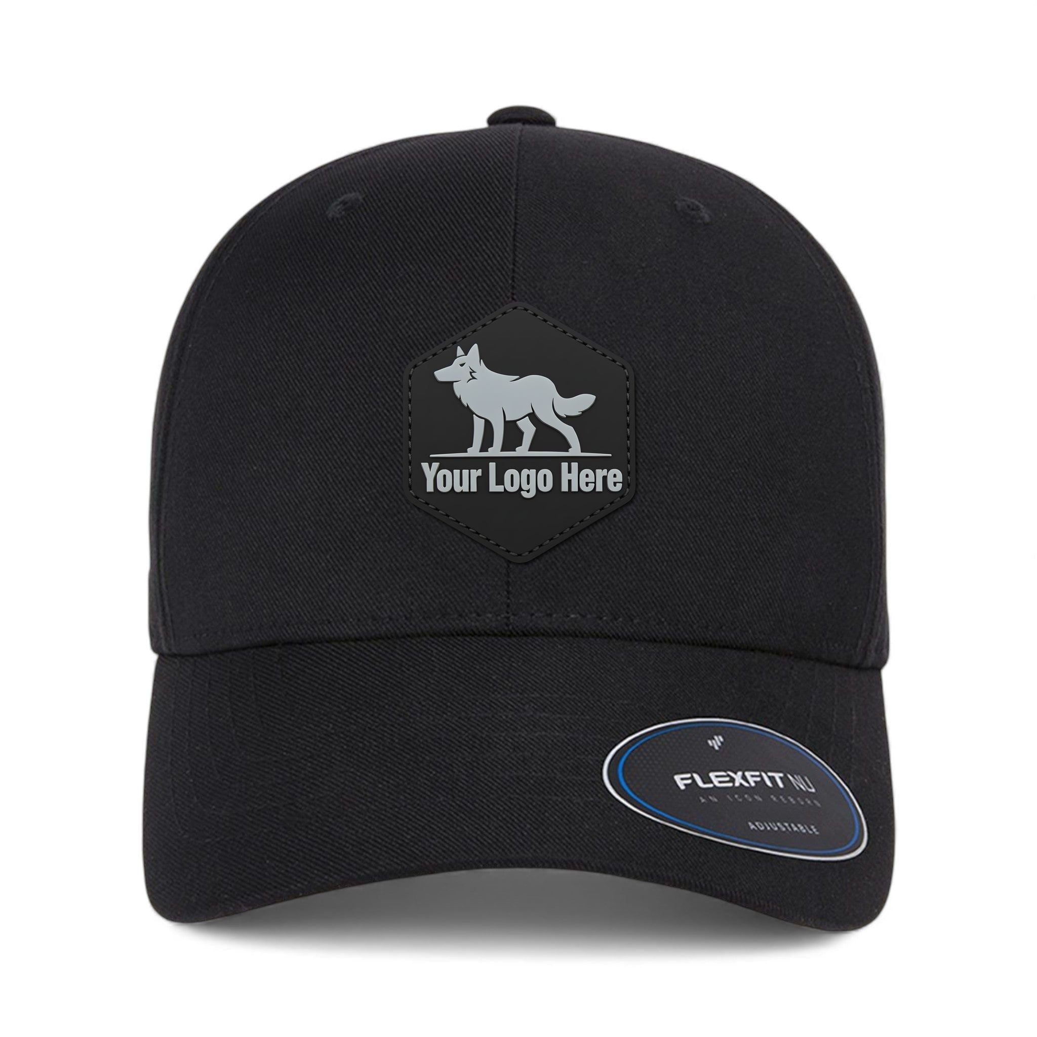PVC patch preview of Flexfit 6110NU custom hat in black