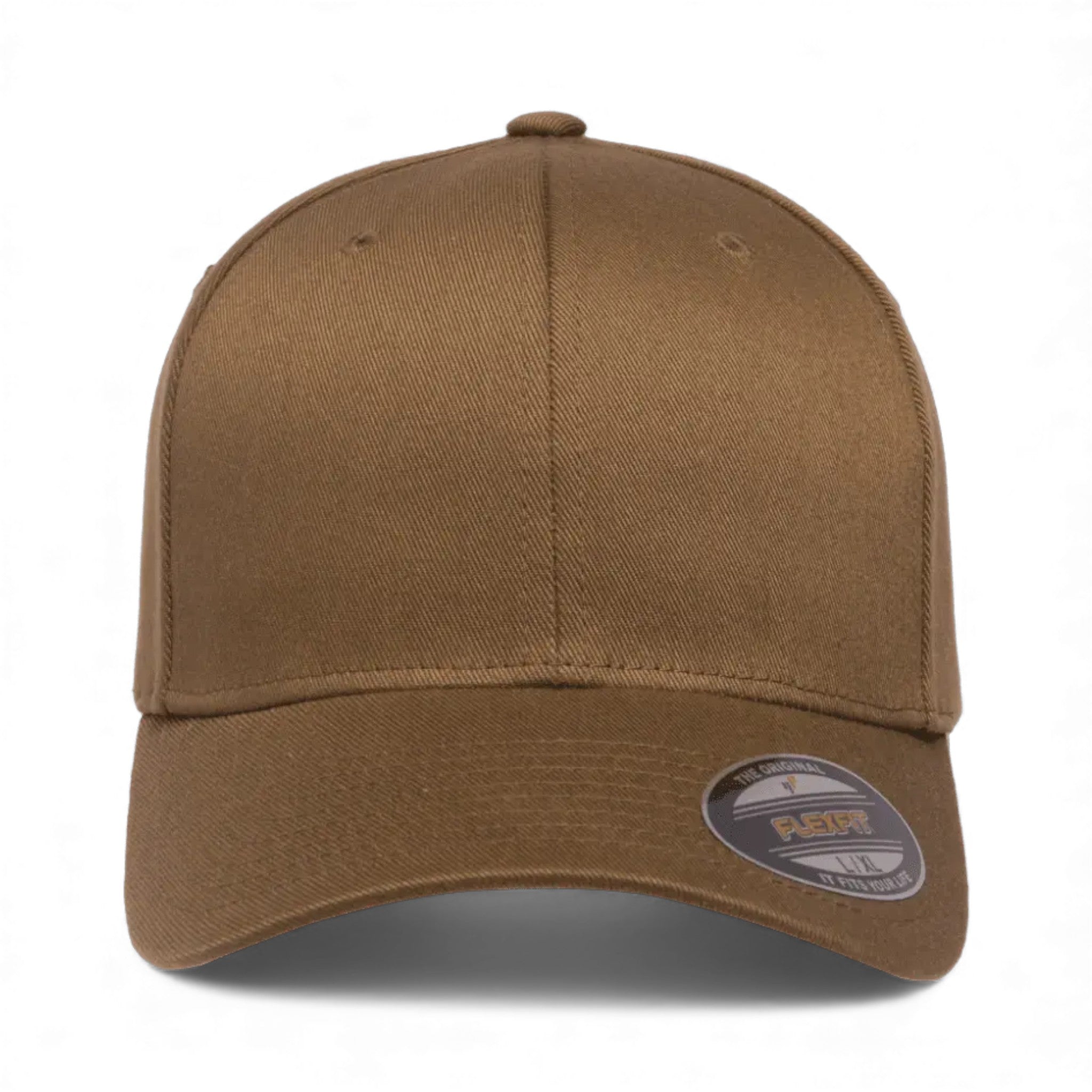 Front view of Flexfit 6277 custom hat in coyote brown