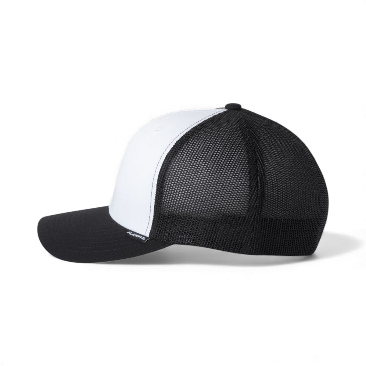 Left side view of Flexfit 6511 custom hat in black, white and black