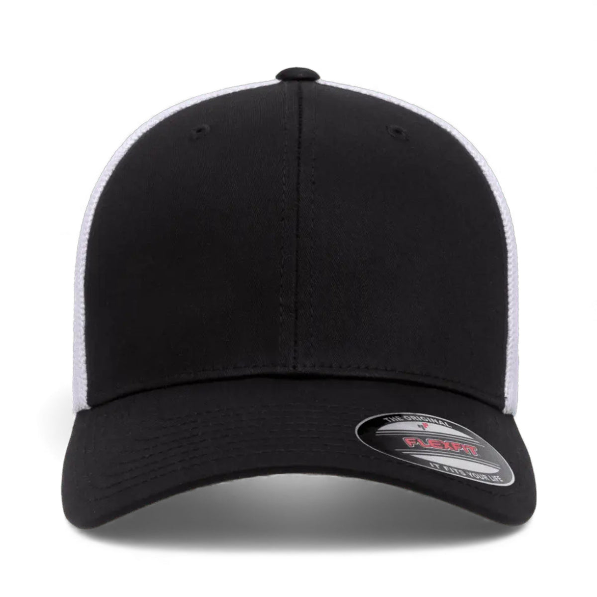 Front view of Flexfit 6511 custom hat in black and white
